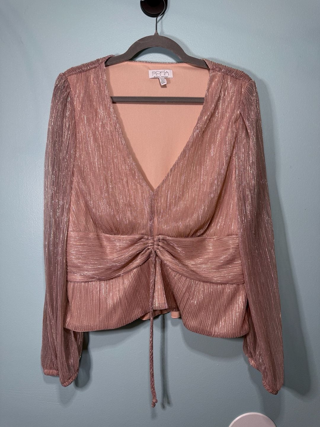 Sofia Jeans by Sofia Vergara Blouse Size XXL Pink Metallic Plisse V-Neck 2