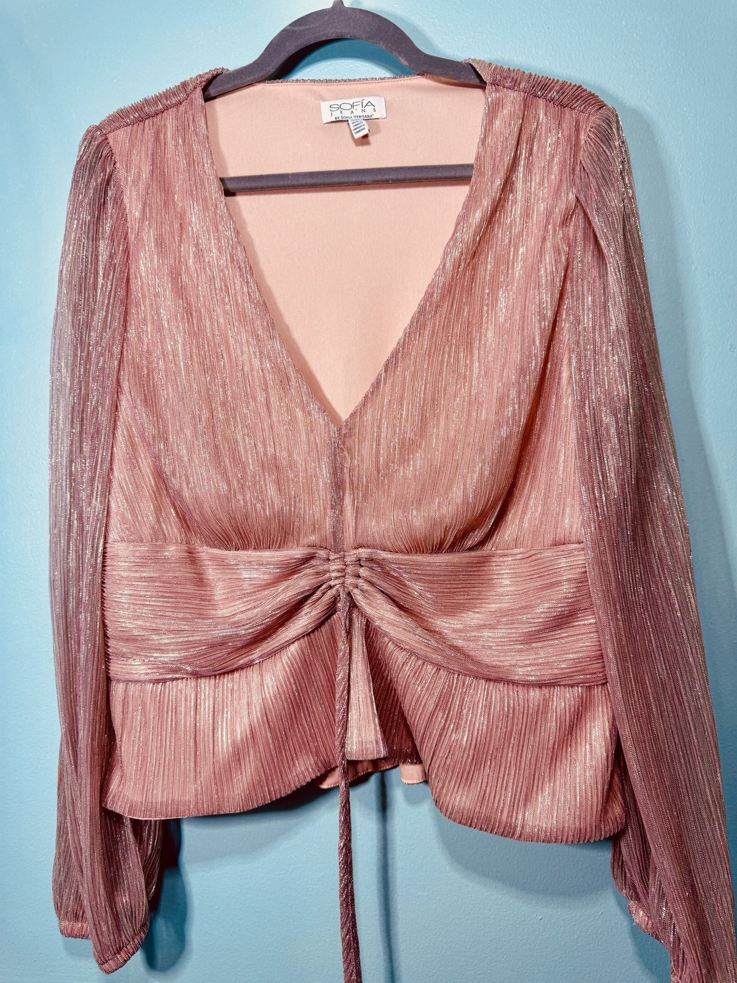 Sofia Jeans by Sofia Vergara Blouse Size XXL Pink Metallic Plisse V-Neck 3