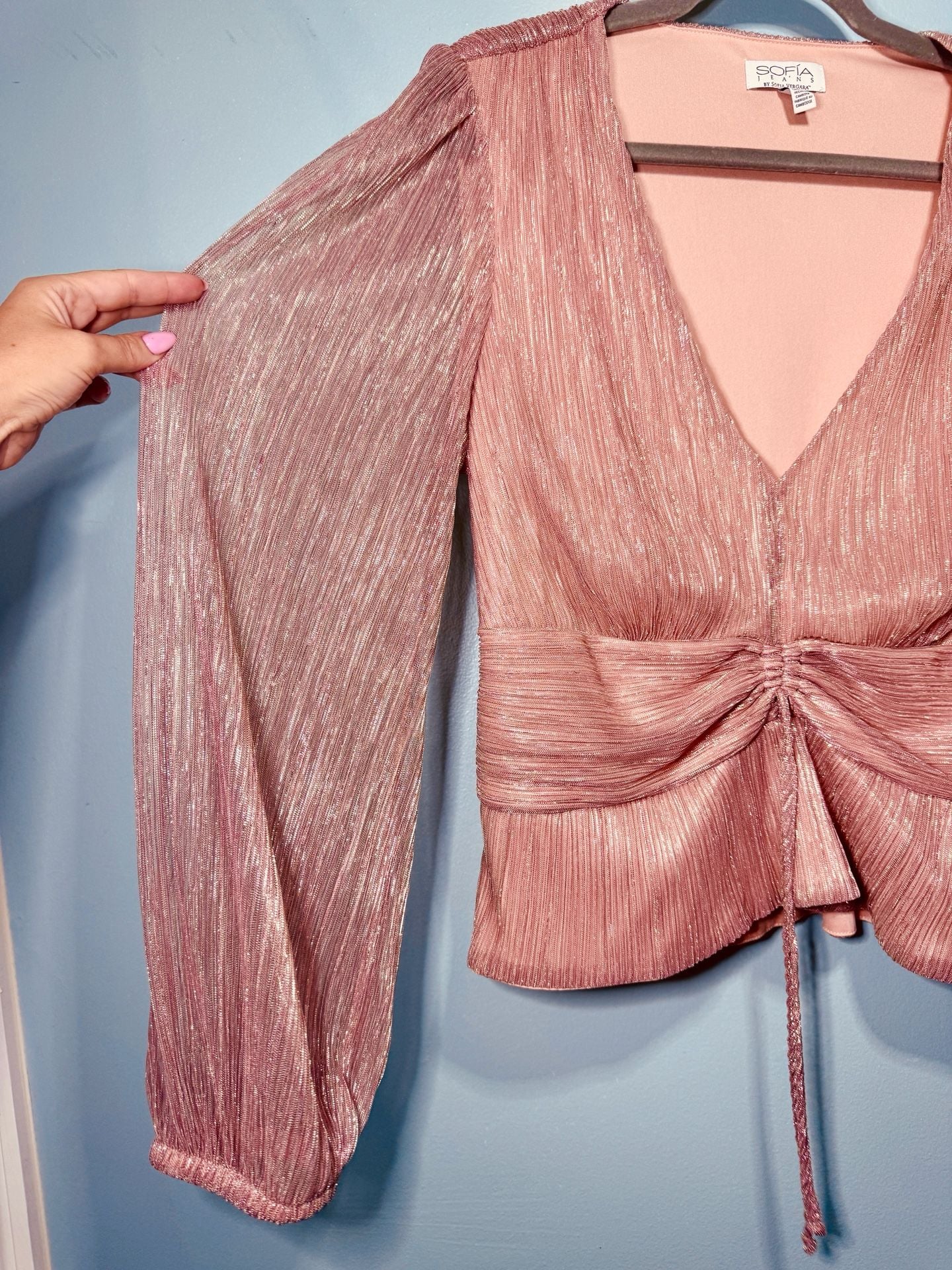Sofia Jeans by Sofia Vergara Blouse Size XXL Pink Metallic Plisse V-Neck 6