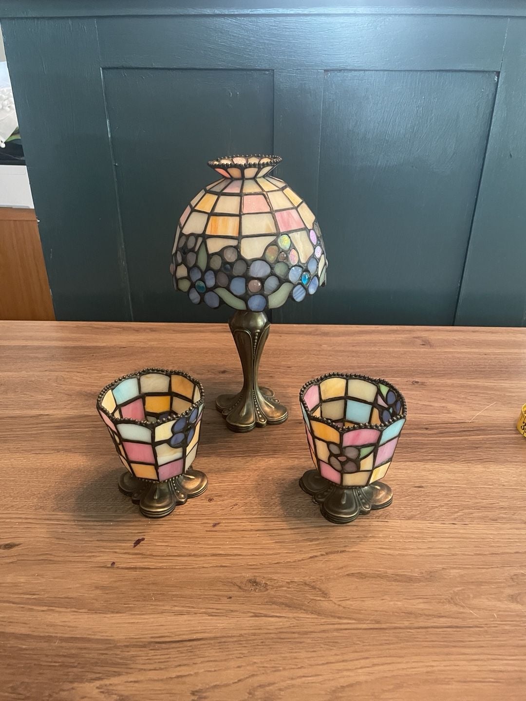 Vintage Partylite Tiffany Style Stained Glass Accent Lamp and Candle Holder Set 1