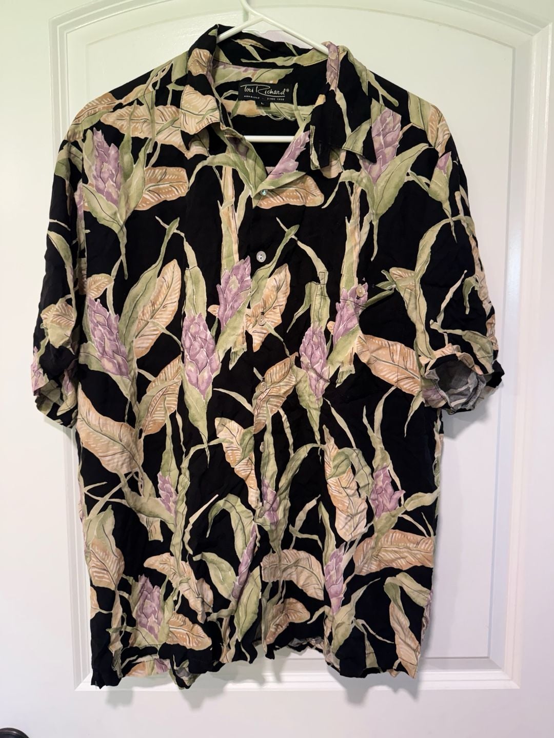 Black Tropical Floral Hawaiian Aloha Shirt Coastal Grandpa Resort Men's Size L 2