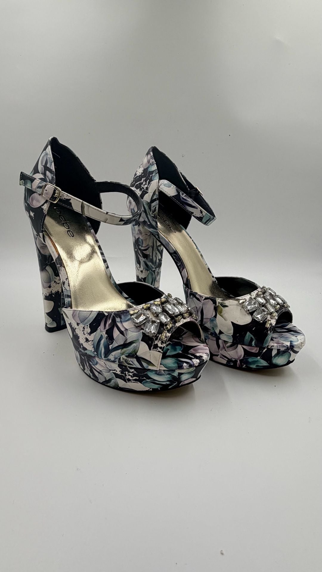 Bebe Floral Rhinestone Platform Heels 2