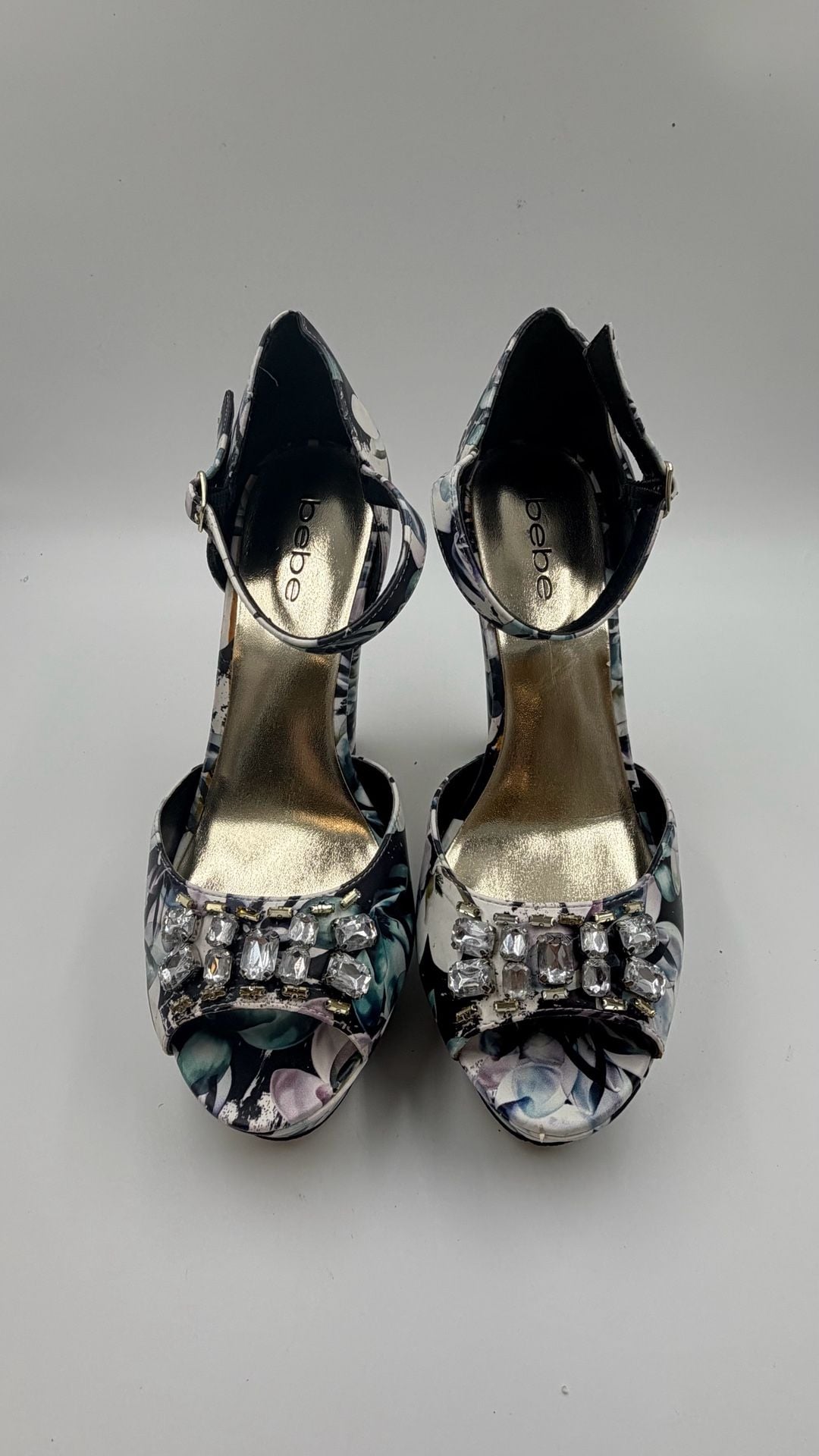 Bebe Floral Rhinestone Platform Heels 7