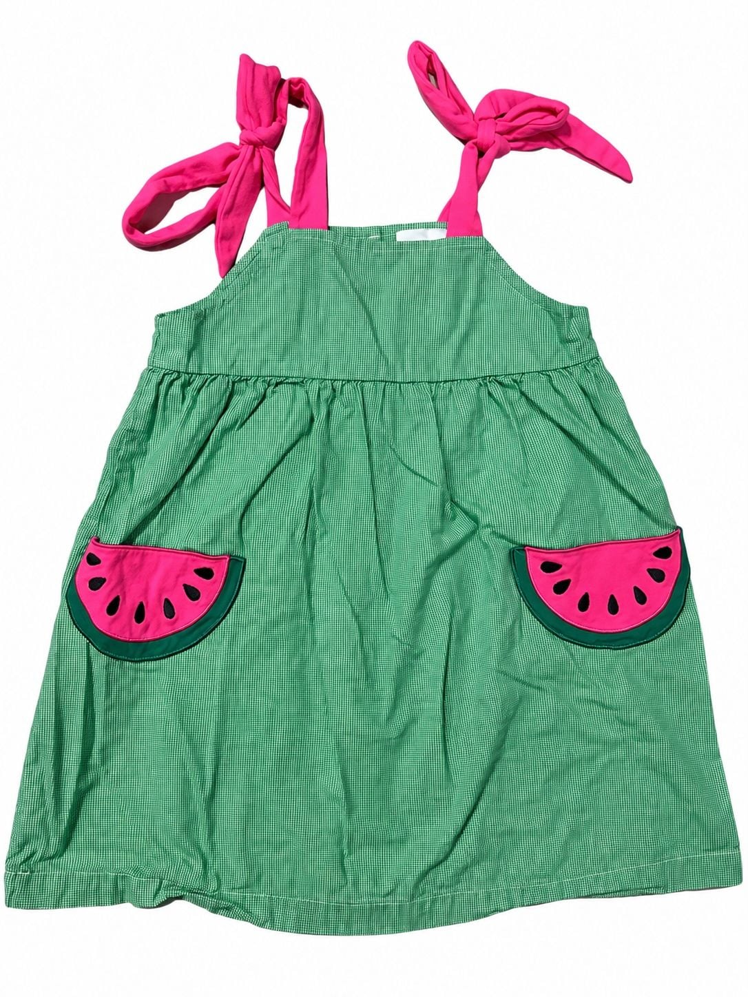 Stitchy Fish Gingham Watermelon Pocket Dress Green Pink 2