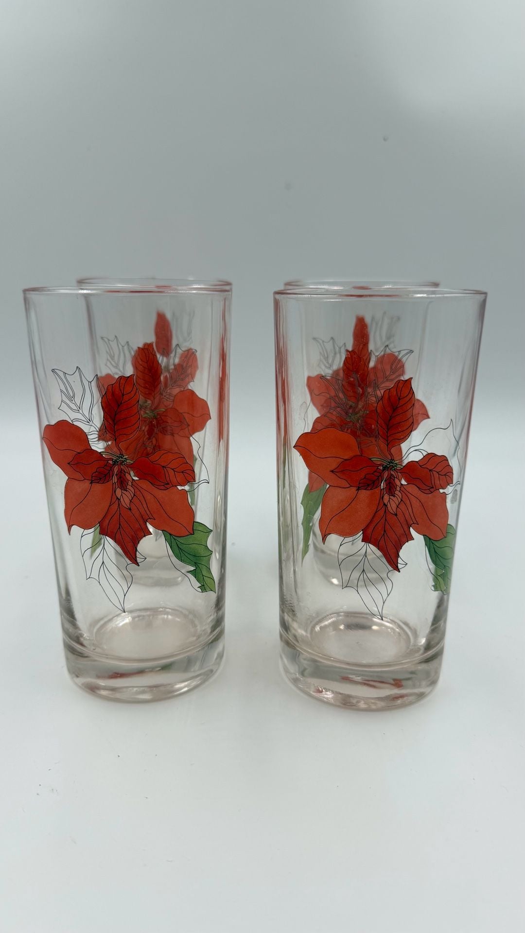 Block Poinsettia by Mary Ann Goertzen Set of 4 Highball Glasses Vintage 1