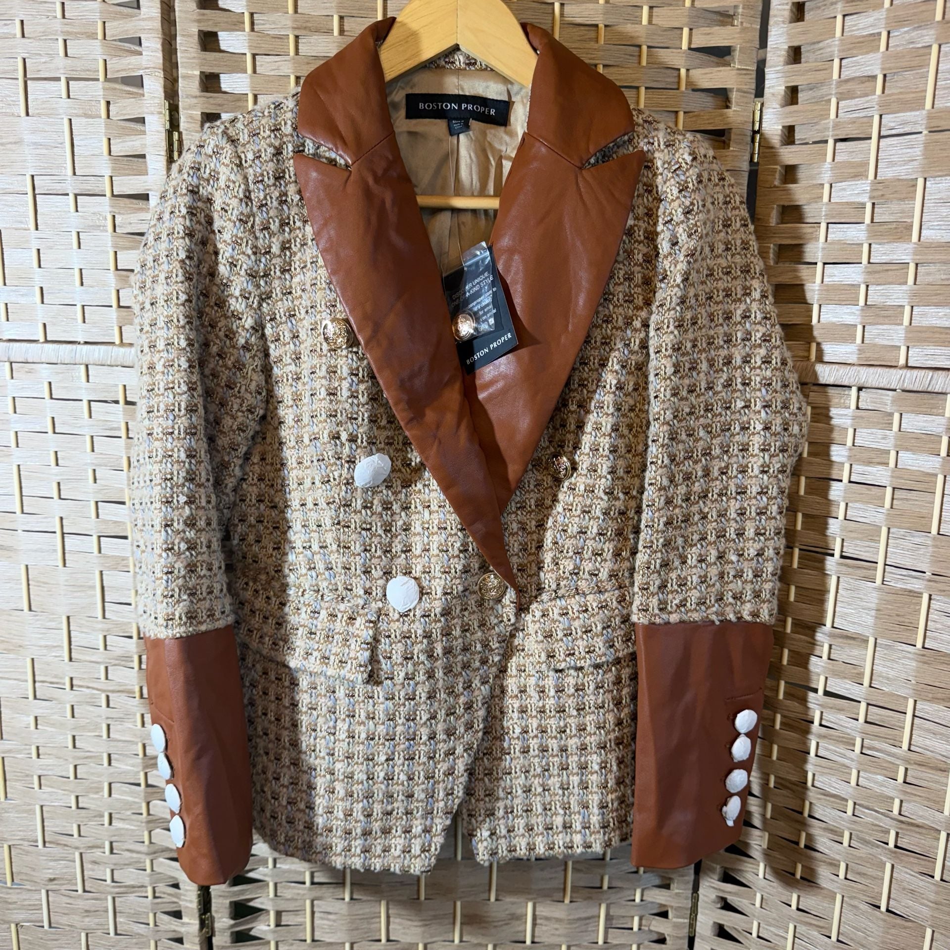 Boston Proper Tweed Blazer Size 6 Faux Leather Collar 2