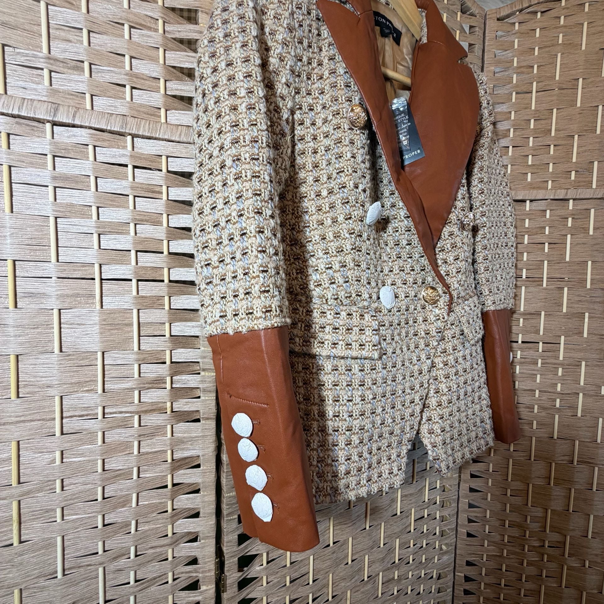 Boston Proper Tweed Blazer Size 6 Faux Leather Collar 6