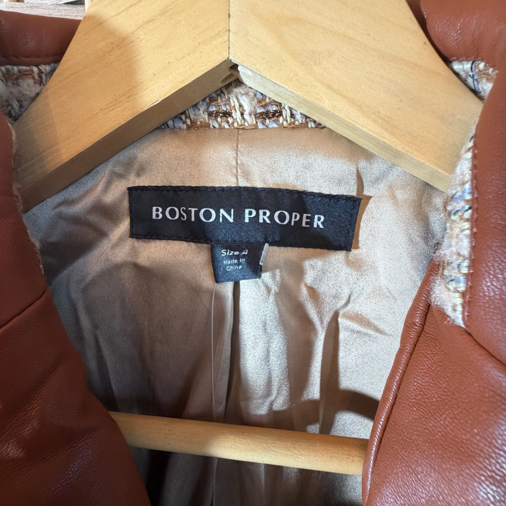 Boston Proper Tweed Blazer Size 6 Faux Leather Collar 7