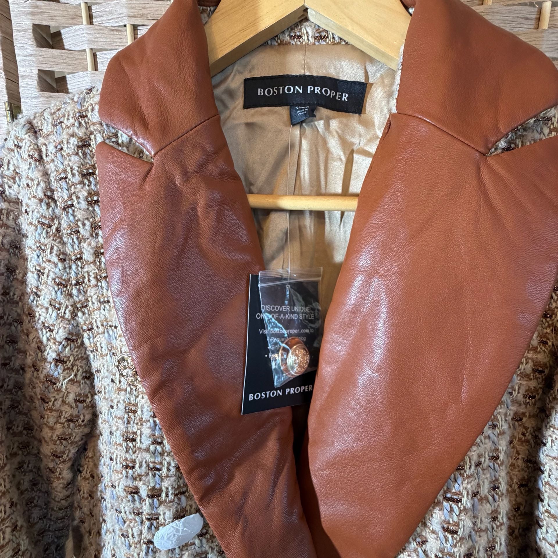 Boston Proper Tweed Blazer Size 6 Faux Leather Collar 8