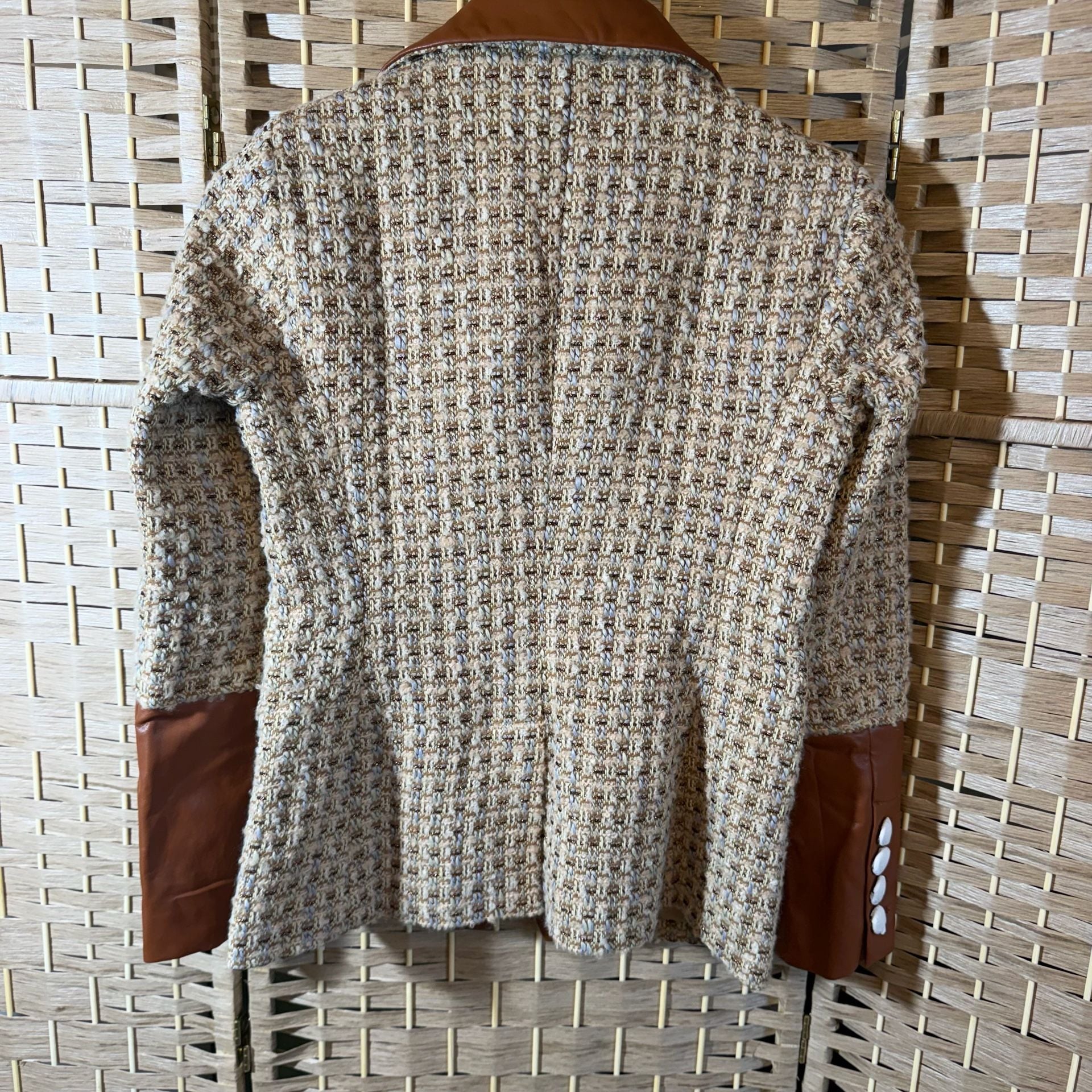 Boston Proper Tweed Blazer Size 6 Faux Leather Collar 12