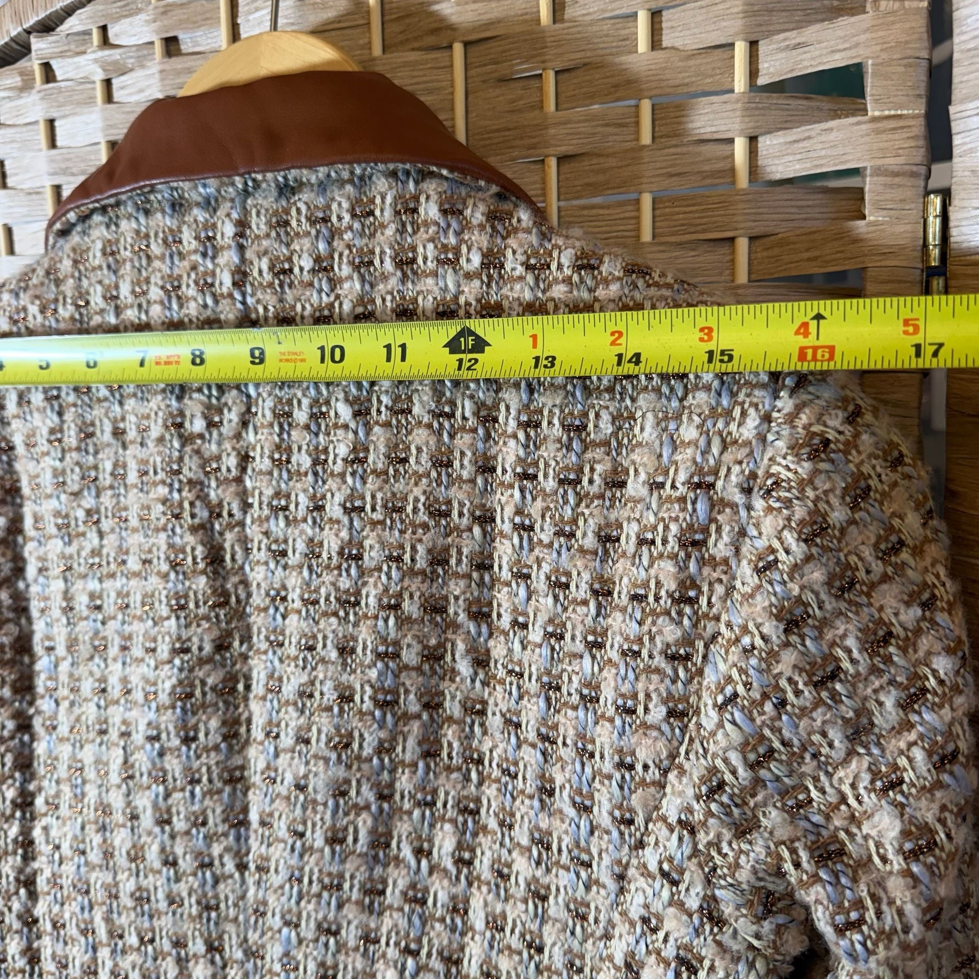 Boston Proper Tweed Blazer Size 6 Faux Leather Collar 15