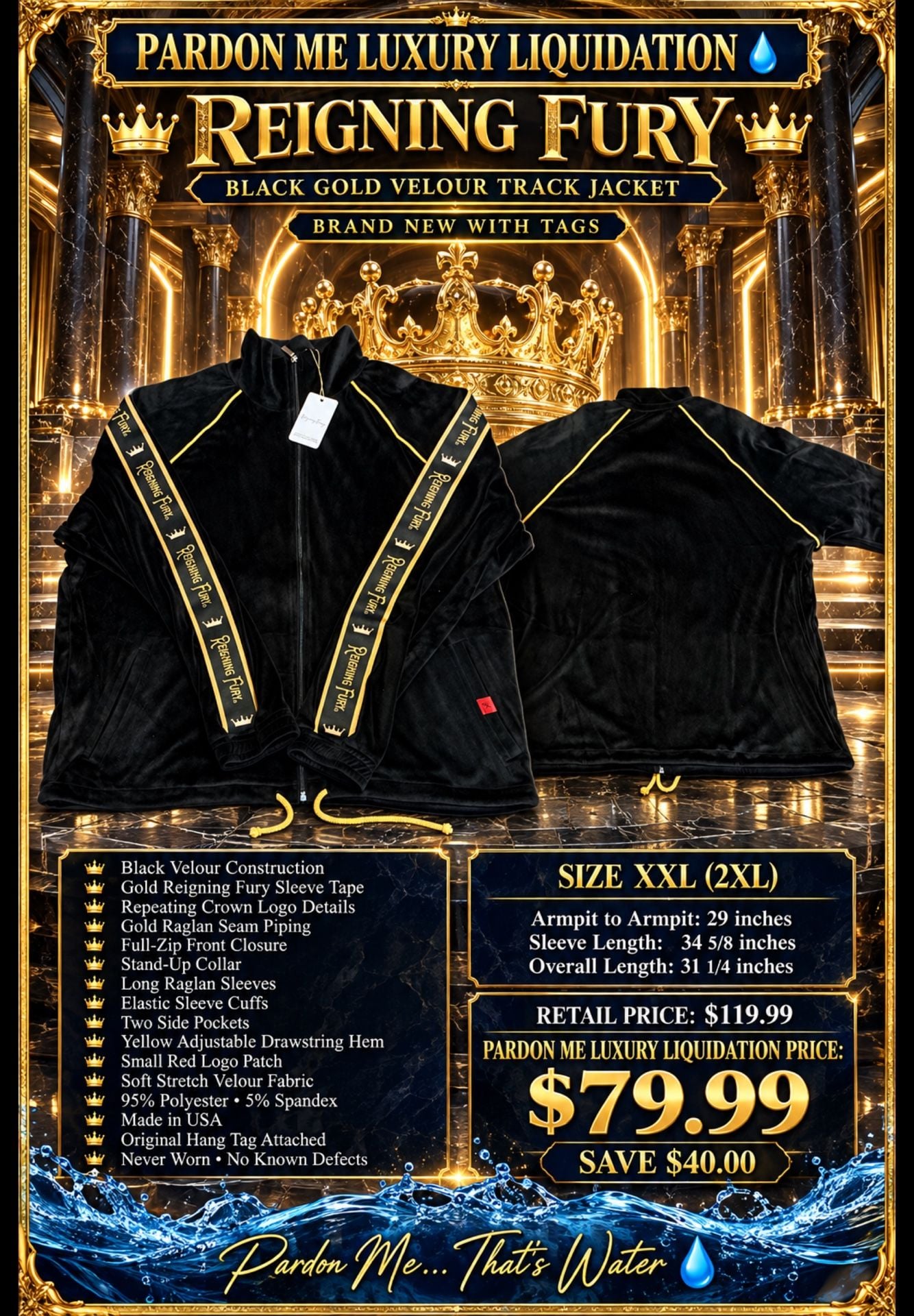 Reigning Fury Black Gold Velour Full-Zip Track Jacket 2