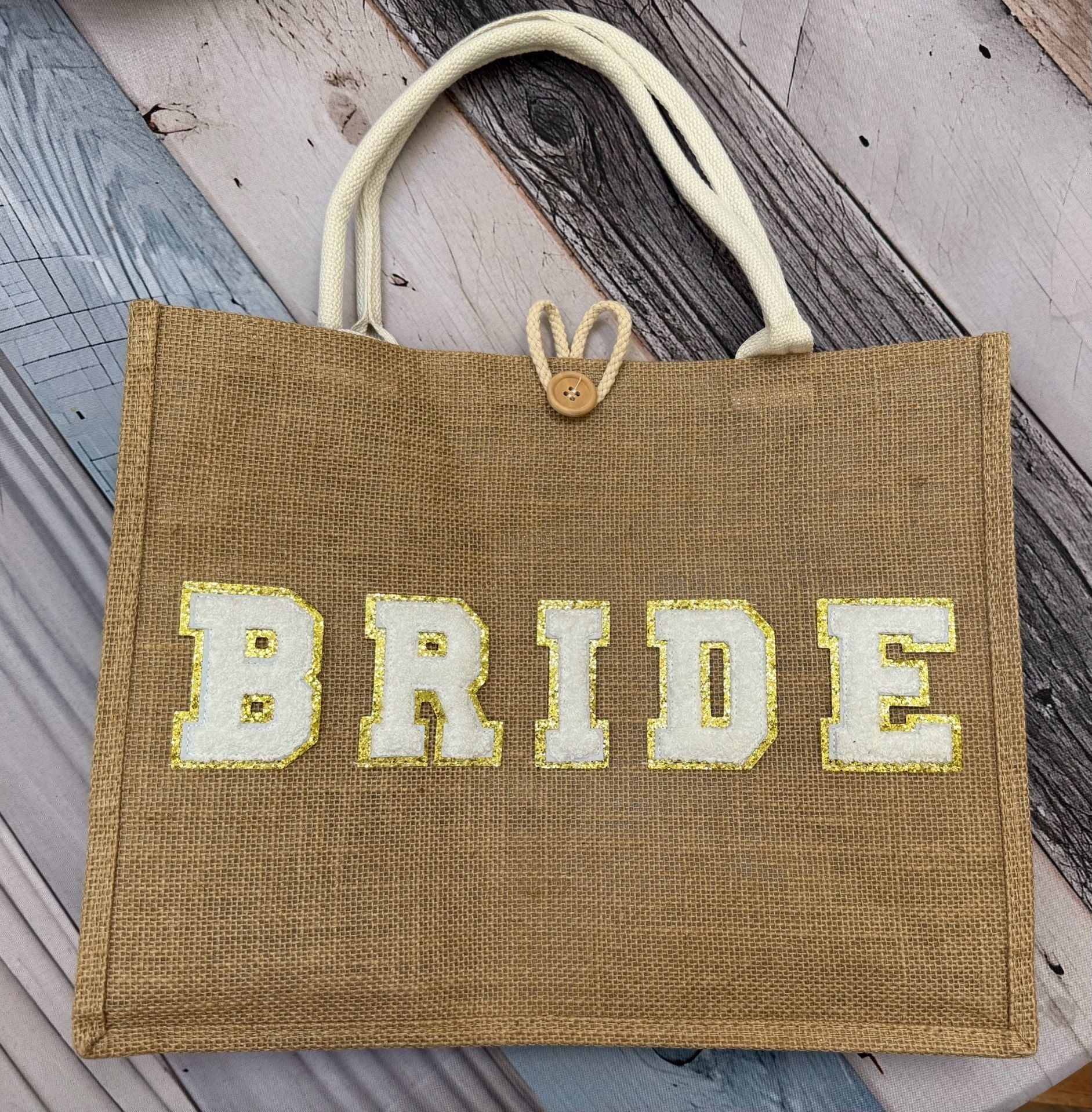 Bride Burlap Tote Bag White Gold Chenille Letter Patch 2