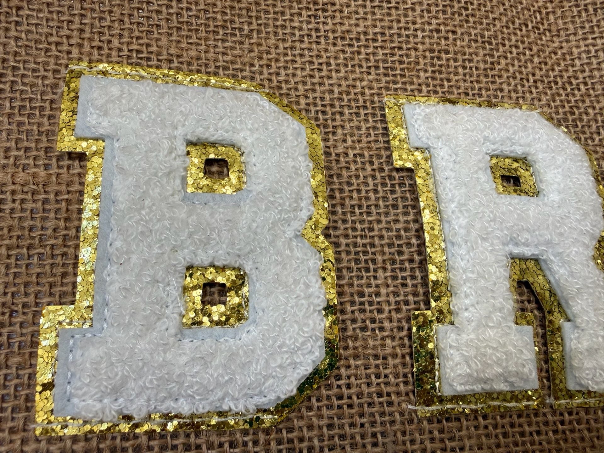 Bride Burlap Tote Bag White Gold Chenille Letter Patch 3