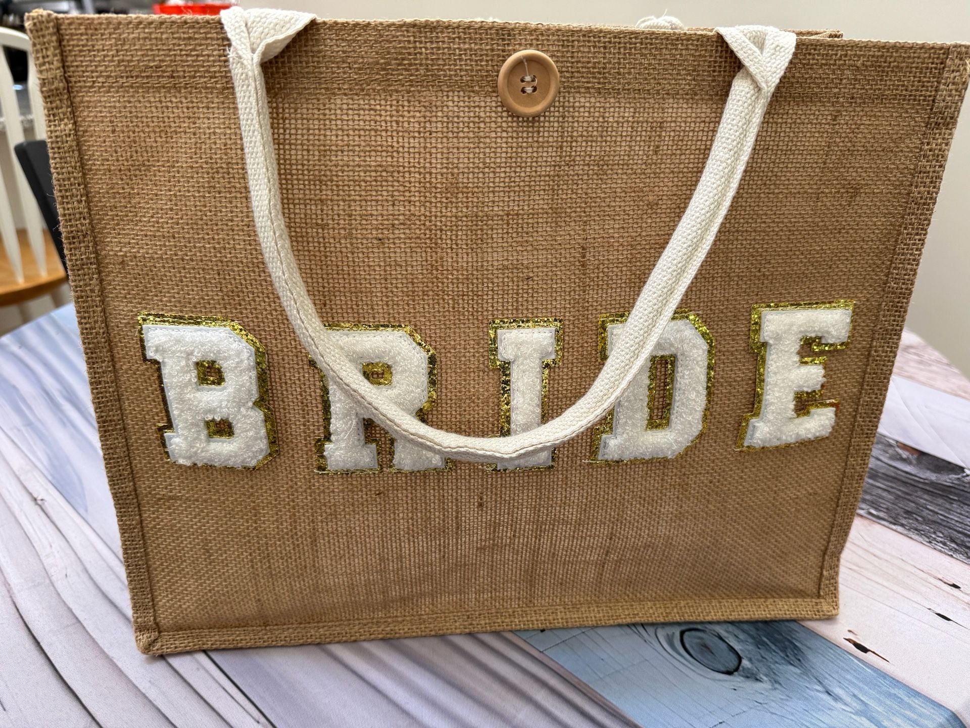 Bride Burlap Tote Bag White Gold Chenille Letter Patch 5