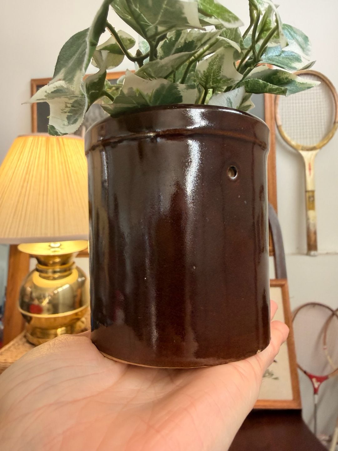 Vintage Brown Glazed Stoneware Pottery Crock Pot Planter 6