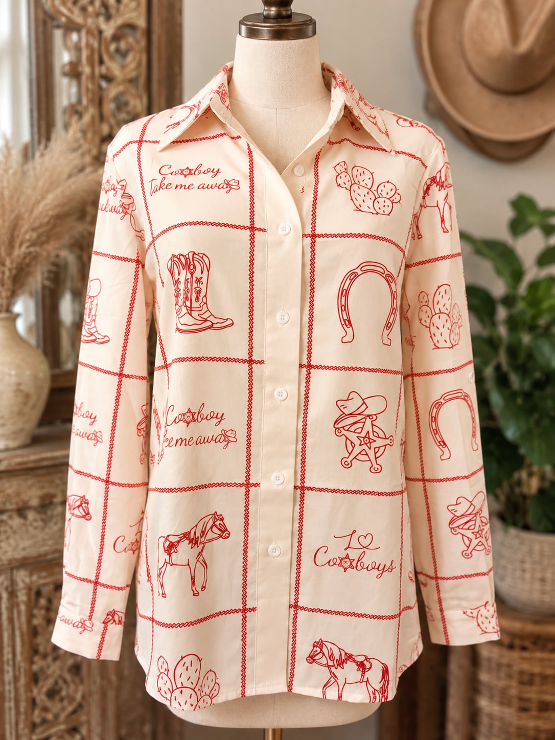 Mymore Cowboy Western Print Button Down Shirt Size S 2