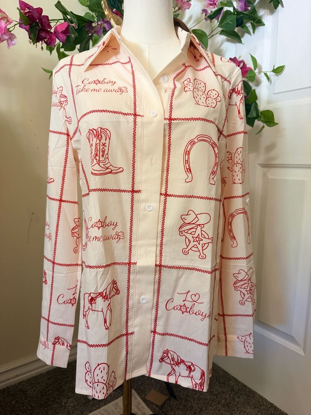 Mymore Cowboy Western Print Button Down Shirt Size S 3