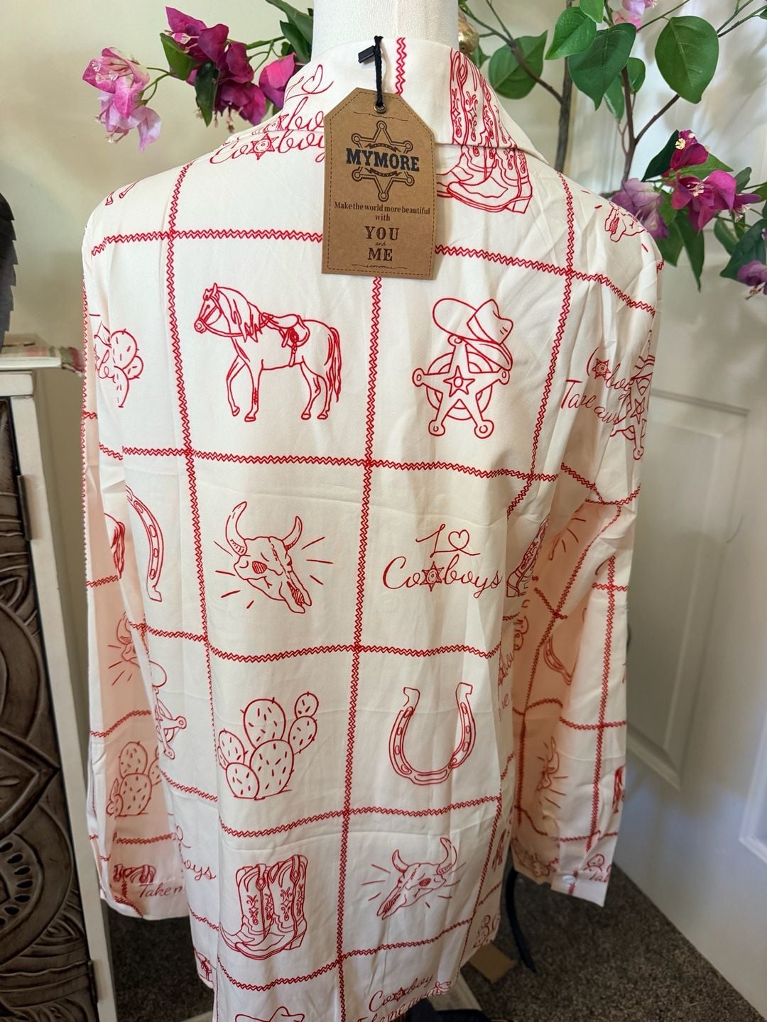 Mymore Cowboy Western Print Button Down Shirt Size S 6
