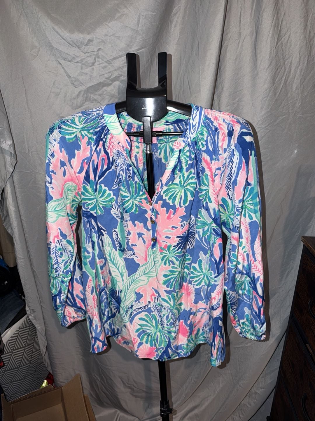 Lilly Pulitzer Silk Blouse Size S Blue Floral Long Sleeve 2