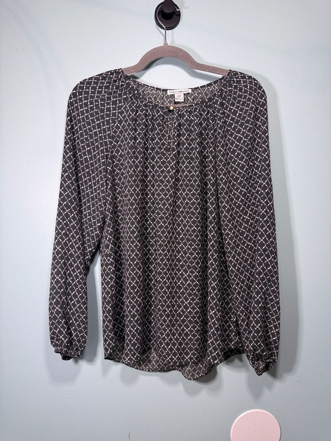 Dalia Collection Blouse Size S Black White Lattice Long Sleeve 2