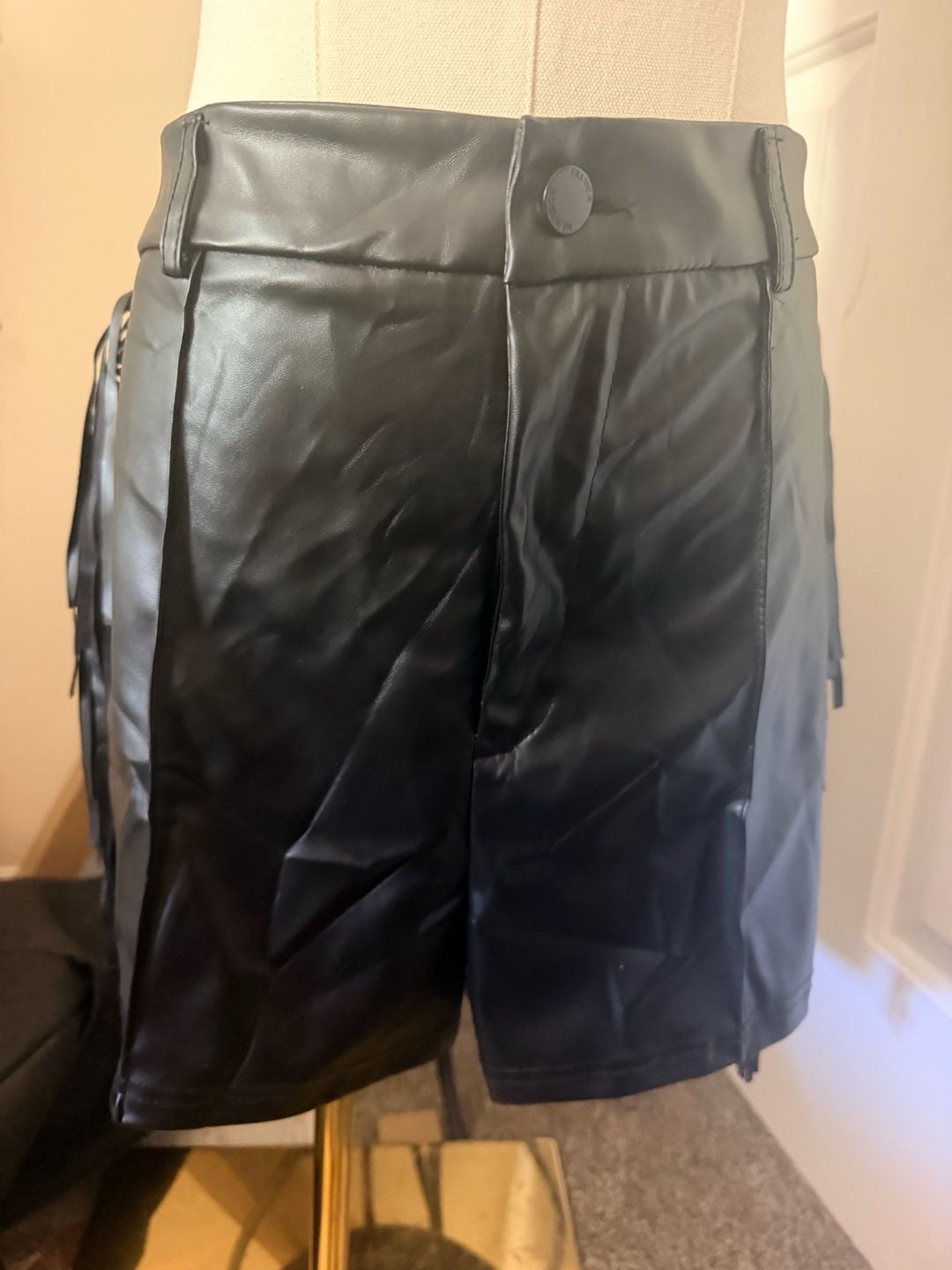 Faux Leather Fringe Black Shorts Size XL 4