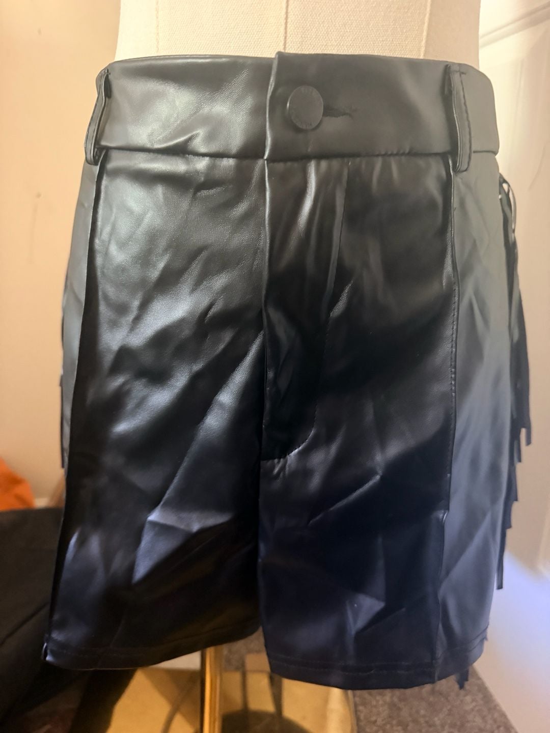 Faux Leather Fringe Black Shorts Size XL 5