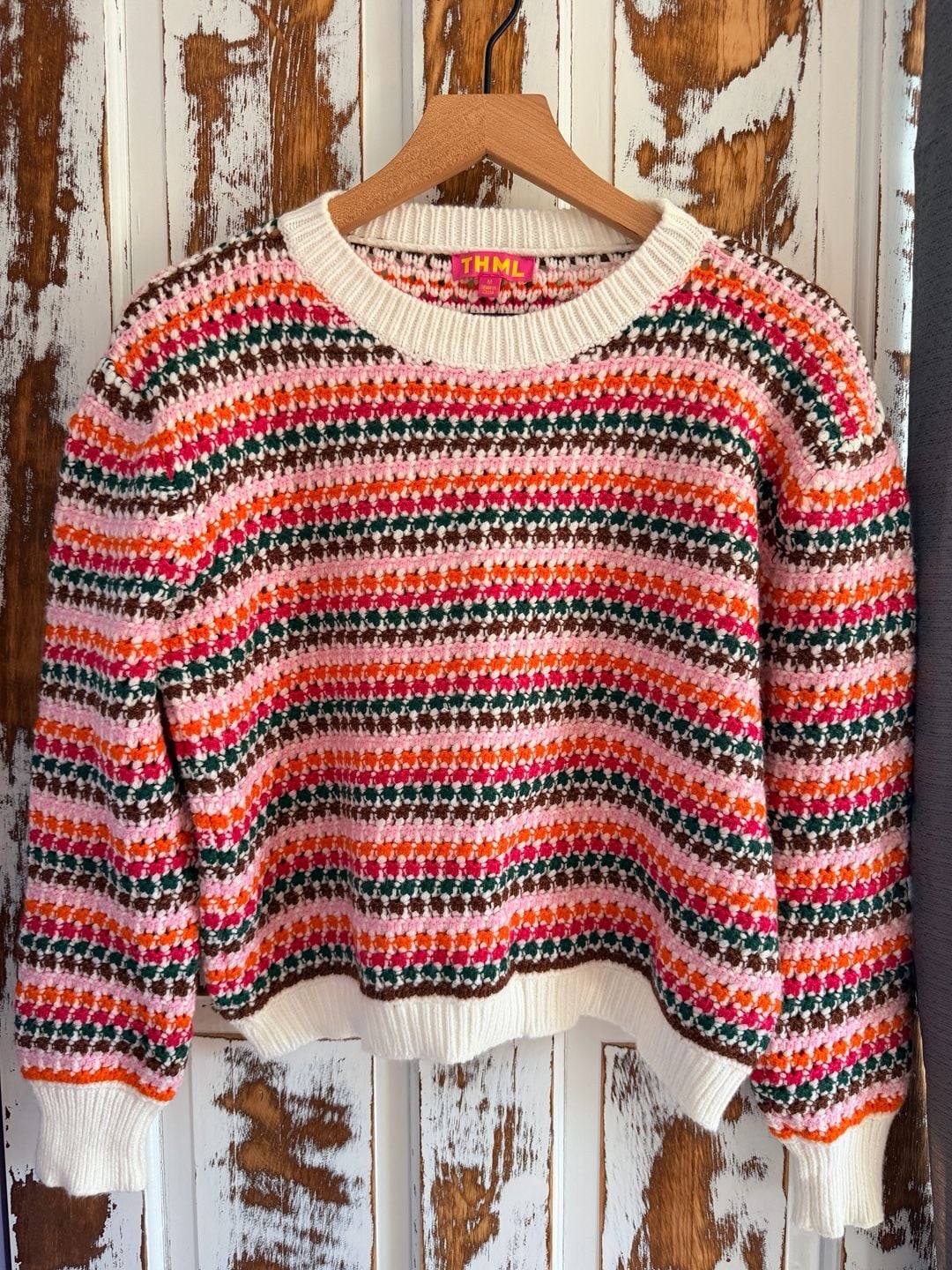 THML Women’s Striped Sweater Size M Multicolor Crocheted Crewneck Eclectic 2