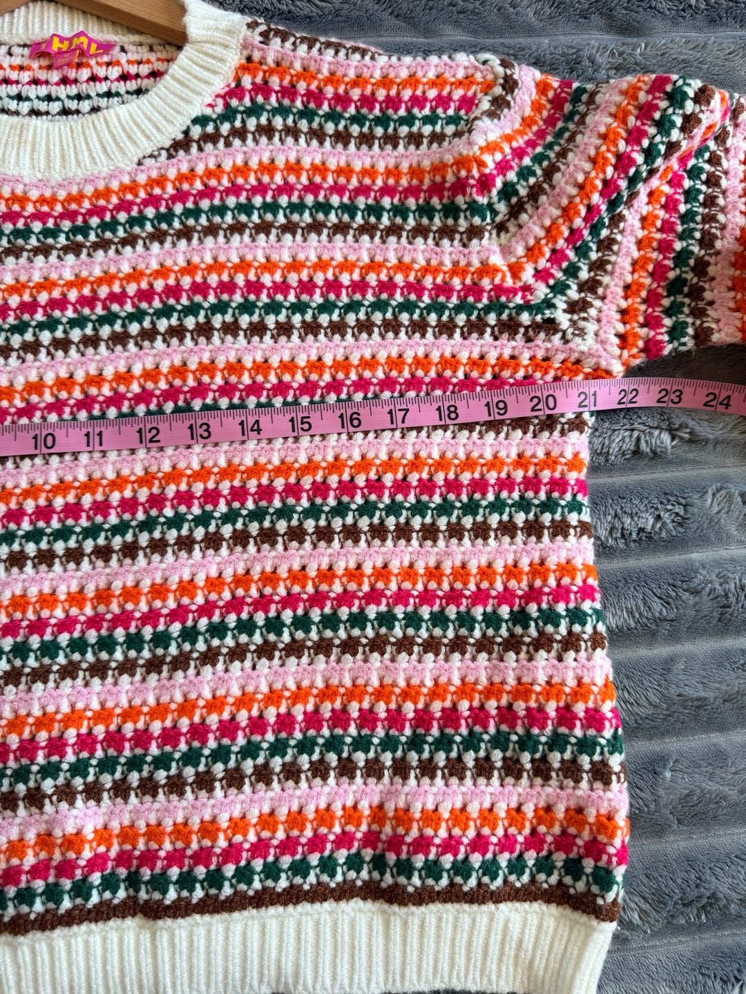THML Women’s Striped Sweater Size M Multicolor Crocheted Crewneck Eclectic 6