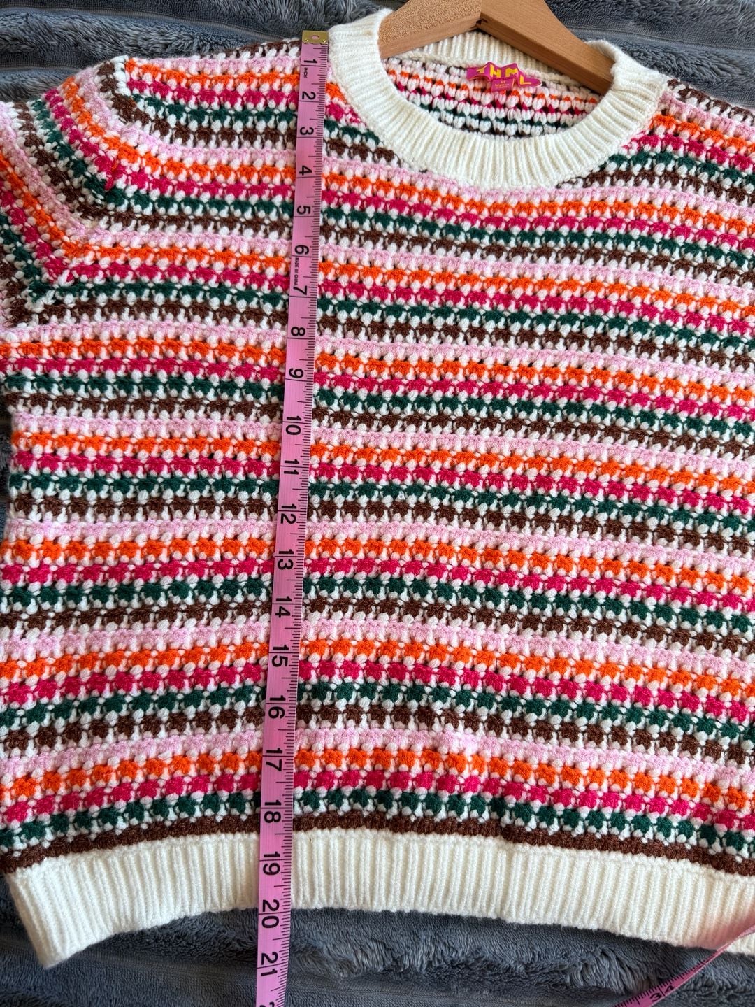 THML Women’s Striped Sweater Size M Multicolor Crocheted Crewneck Eclectic 7