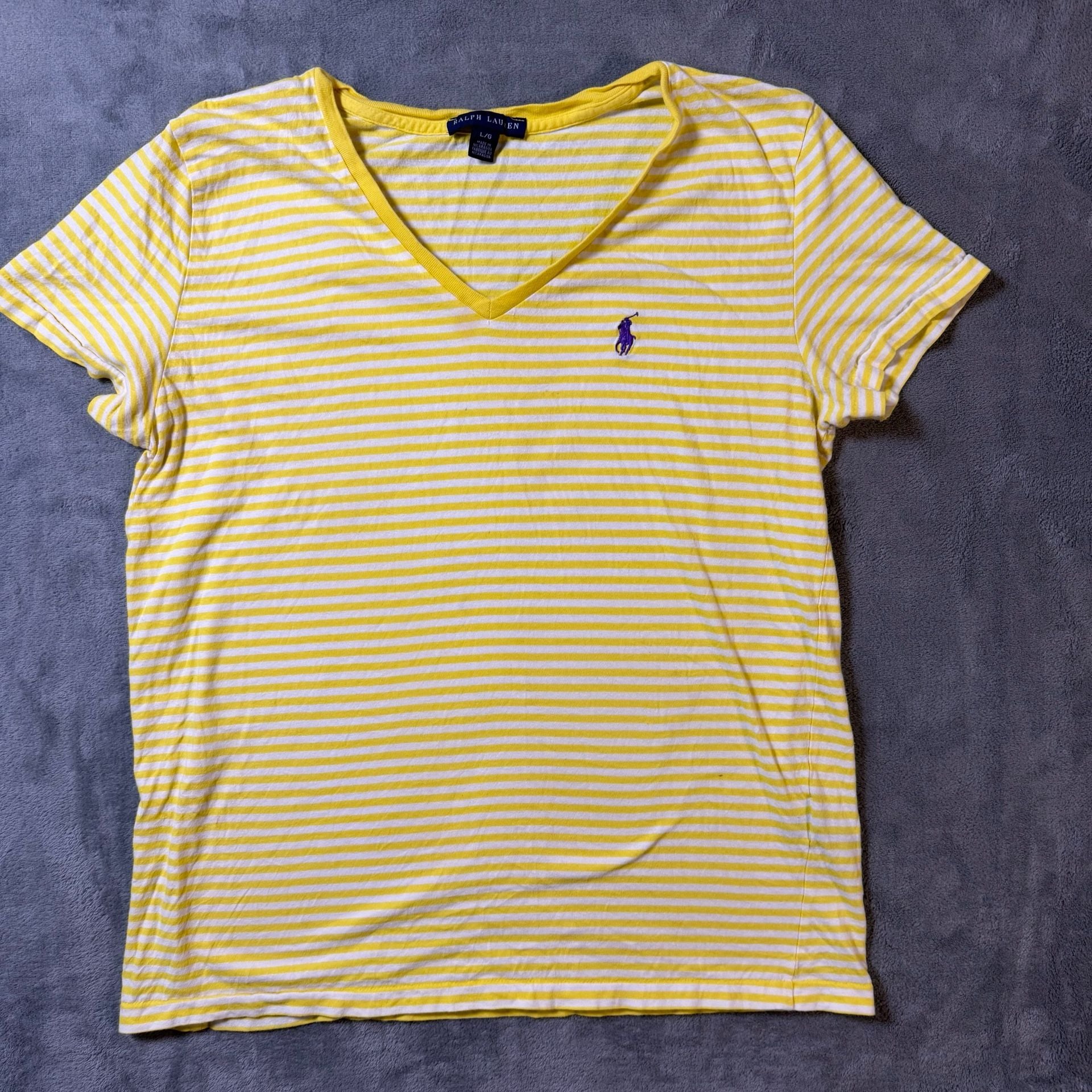 Ralph Lauren Striped V-Neck T-Shirt Size L Yellow White 2