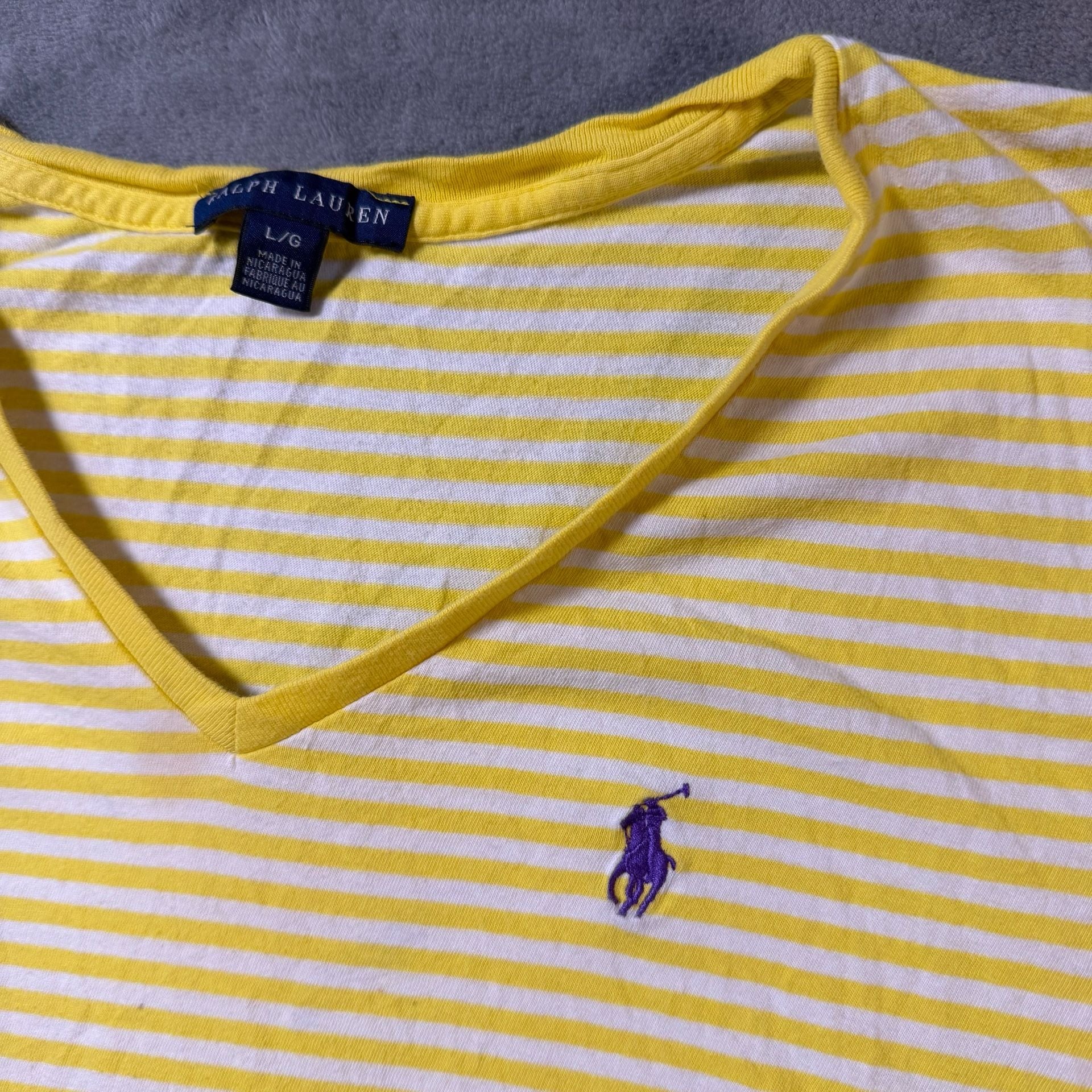 Ralph Lauren Striped V-Neck T-Shirt Size L Yellow White 3