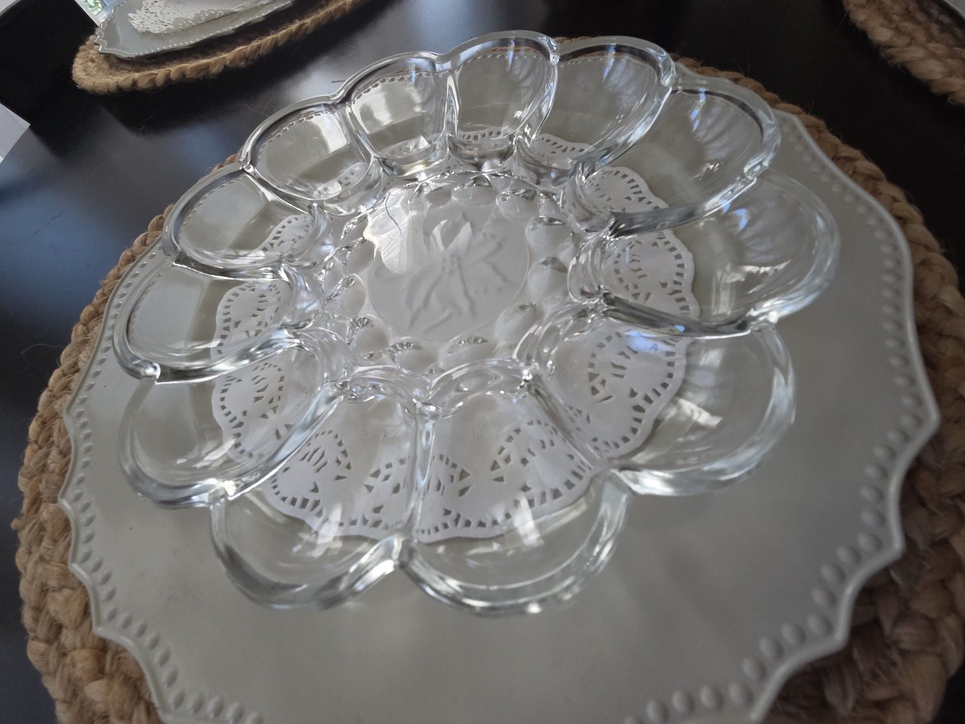 Vintage Clear Glass Egg Plate Poinsettia Center Serving Platter 1