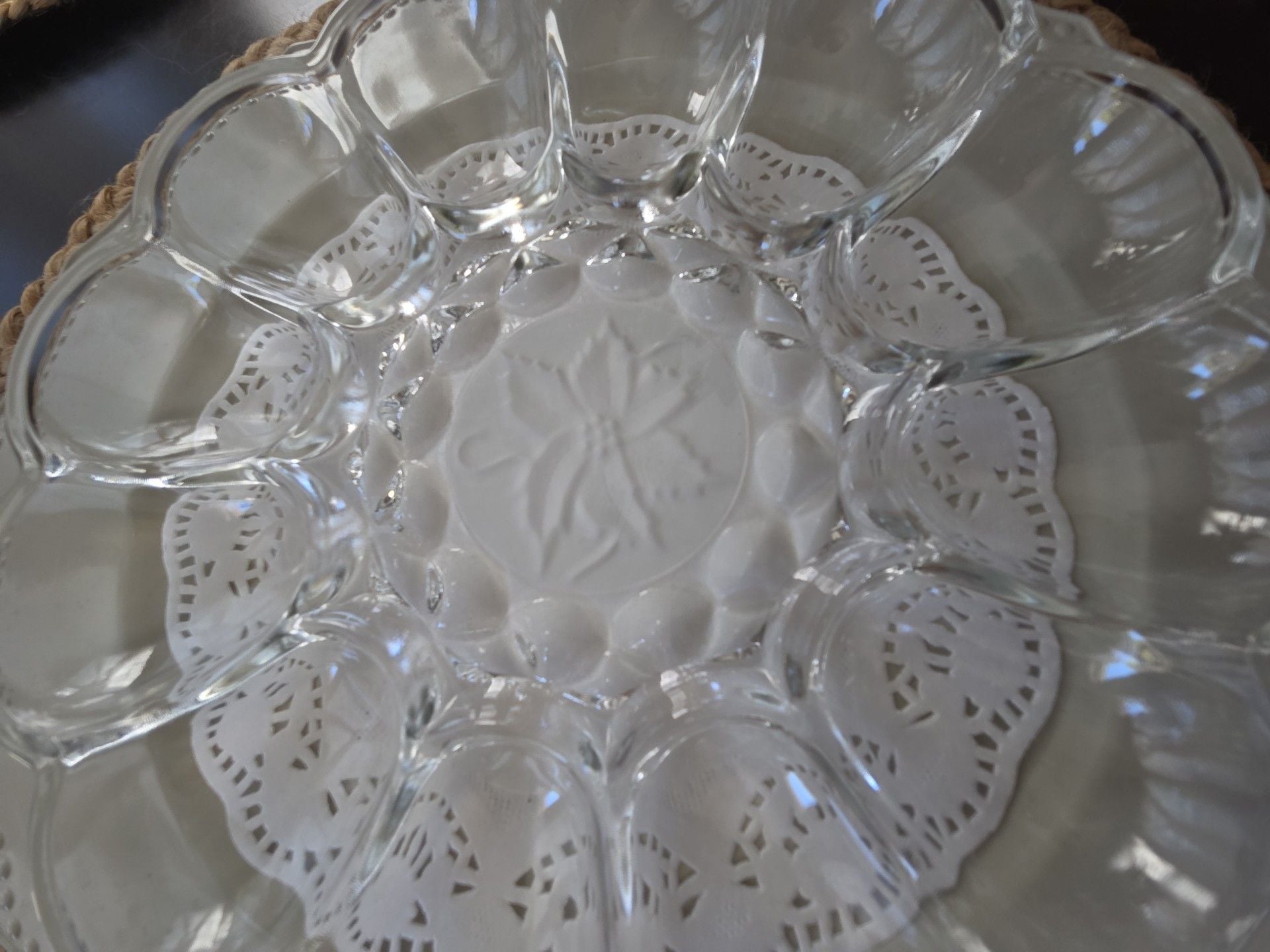 Vintage Clear Glass Egg Plate Poinsettia Center Serving Platter 3