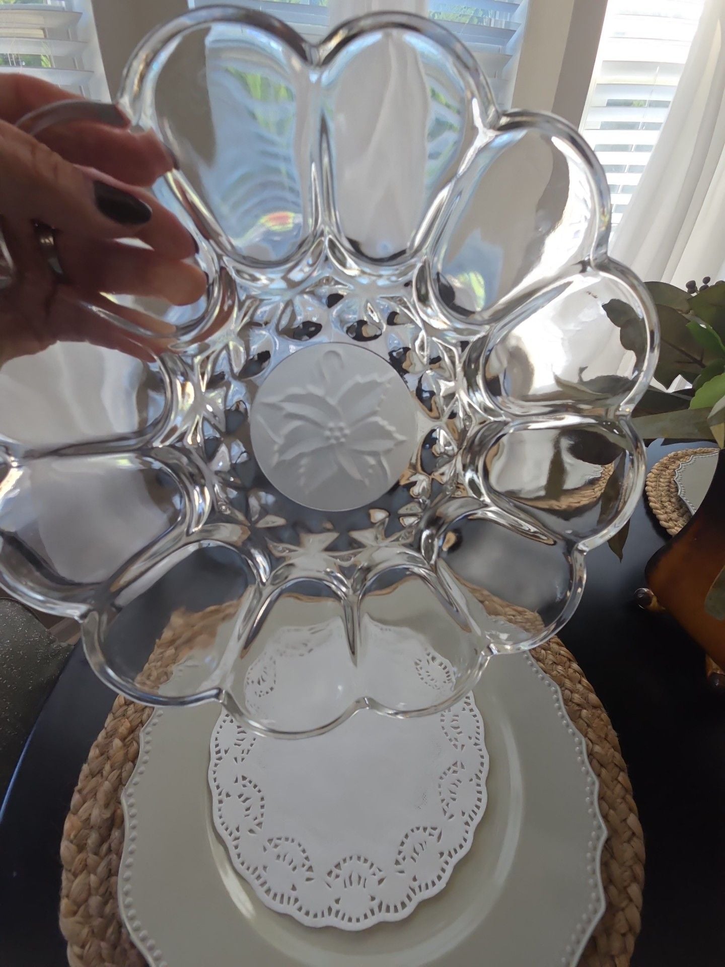 Vintage Clear Glass Egg Plate Poinsettia Center Serving Platter 4