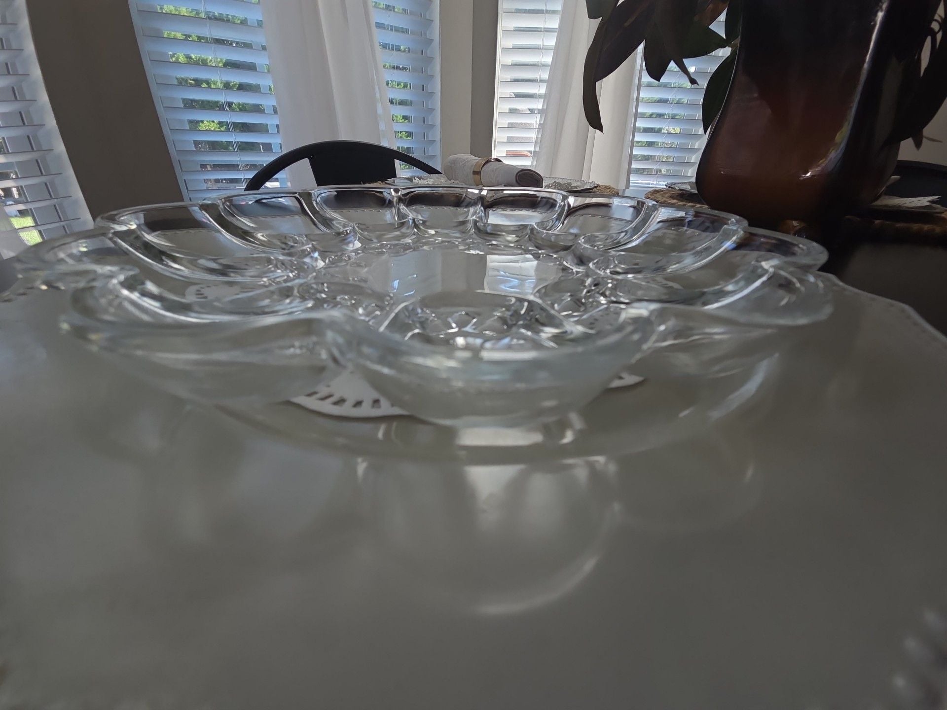 Vintage Clear Glass Egg Plate Poinsettia Center Serving Platter 5