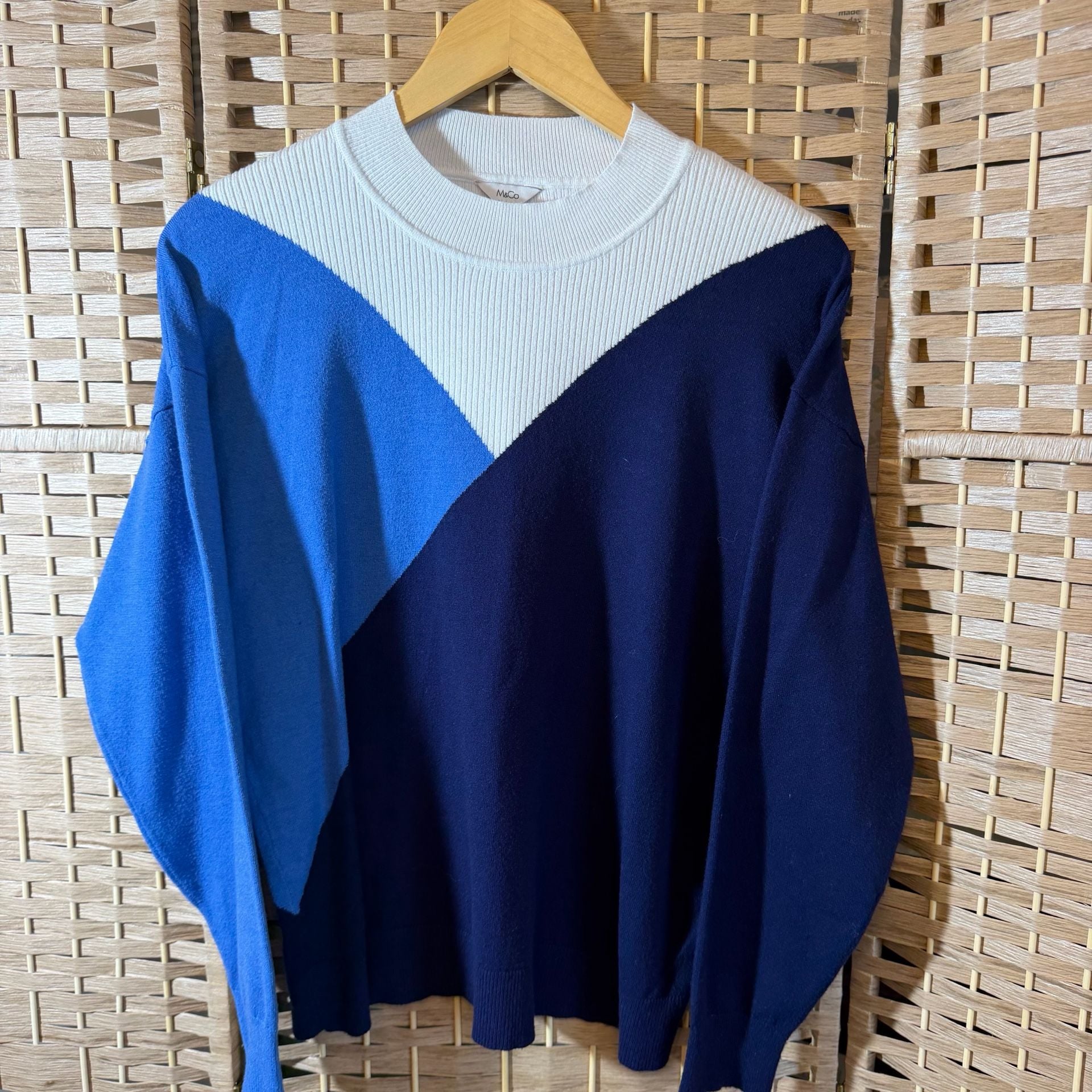 M&Co Colorblock Sweater US 14 Blue White Mock Neck 2