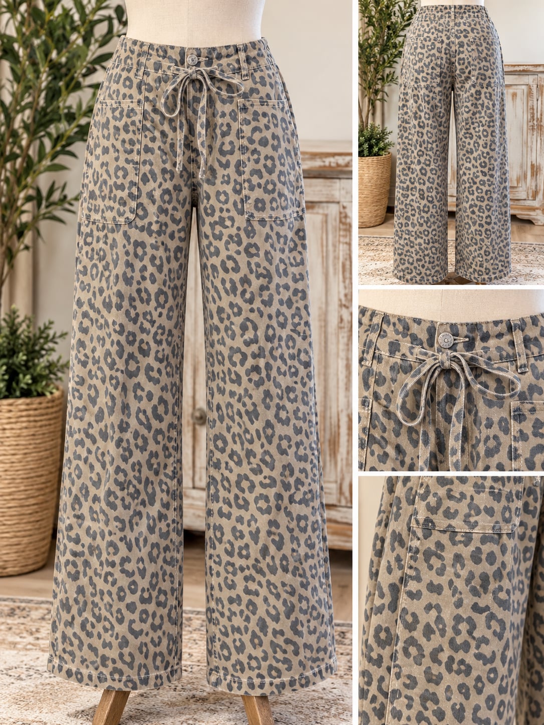 Leopard Printed Drawstring Waist Pocketed Wide Leg Jeans ..., 2