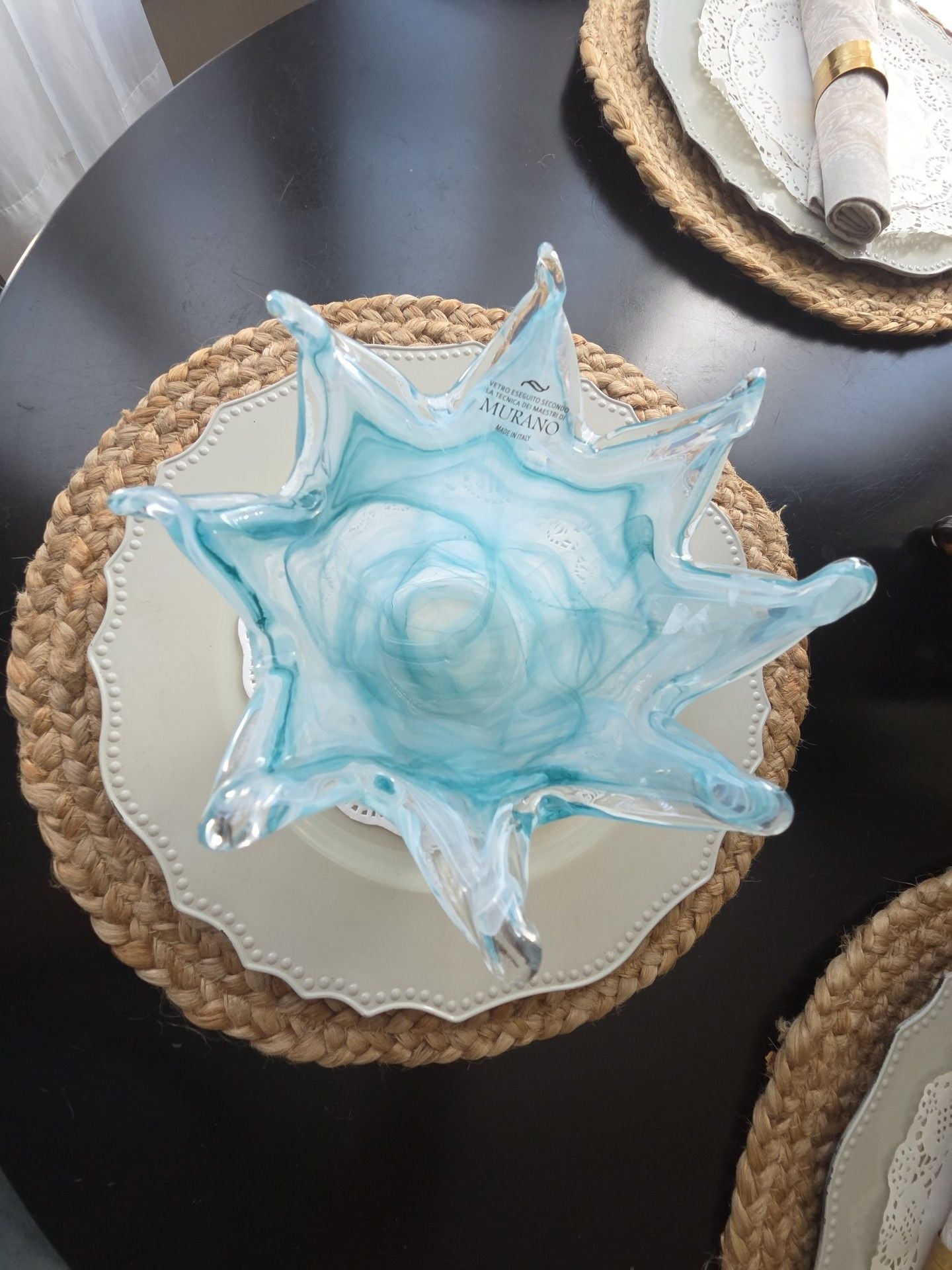 Murano Hand Blown Art Glass Vase Blue White Swirl Splash Rim 2