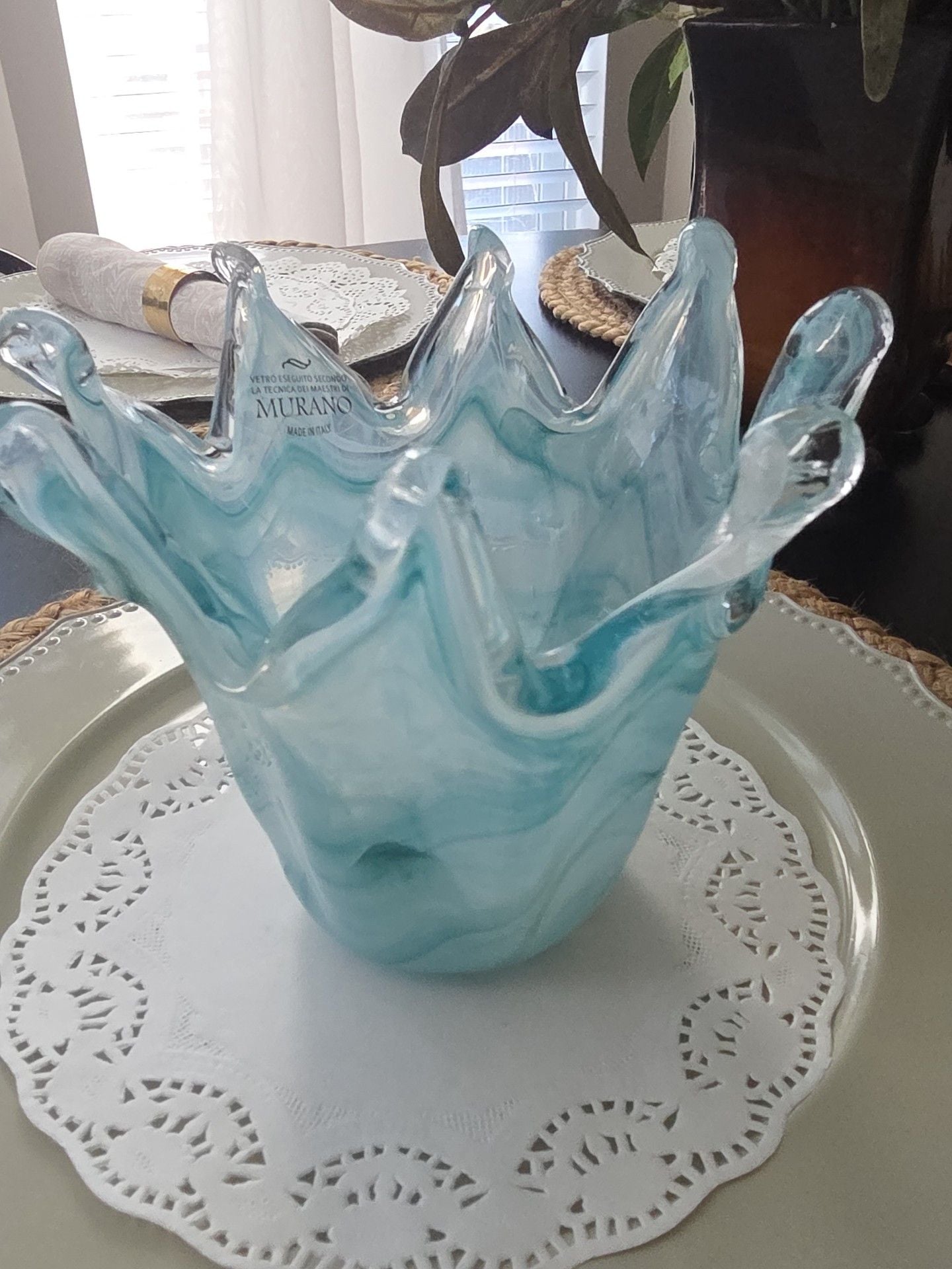Murano Hand Blown Art Glass Vase Blue White Swirl Splash Rim 5