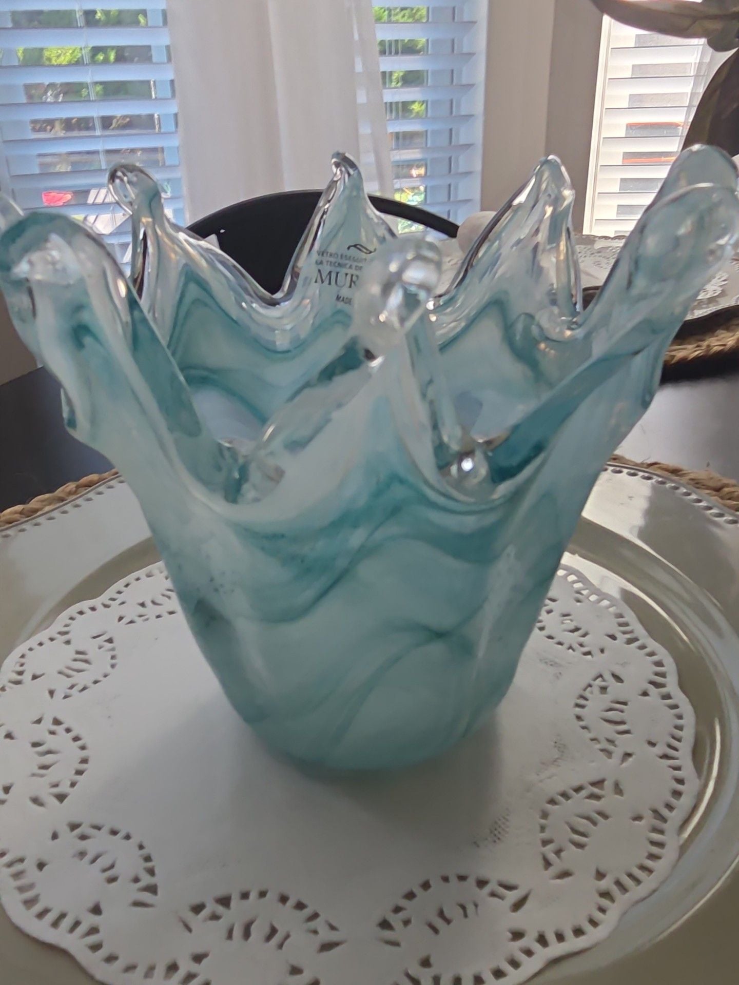 Murano Hand Blown Art Glass Vase Blue White Swirl Splash Rim 6