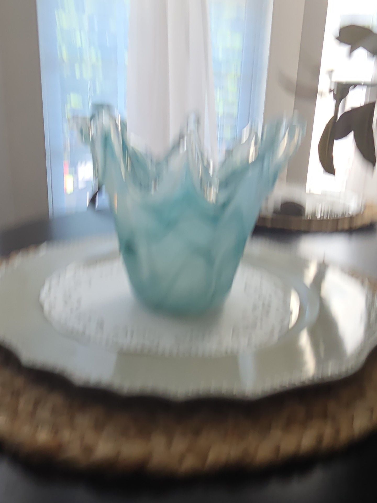 Murano Hand Blown Art Glass Vase Blue White Swirl Splash Rim 7