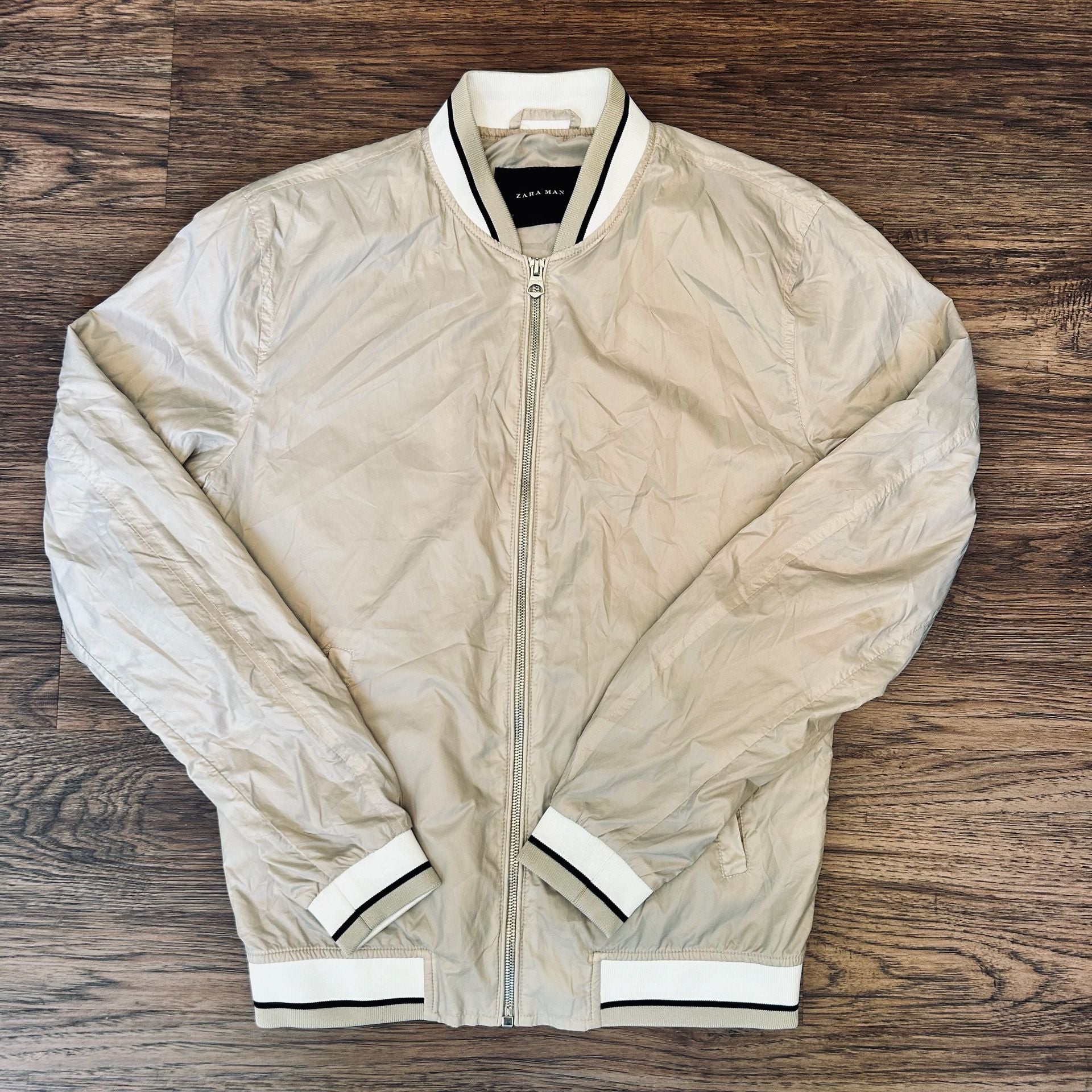 Zara Man Bomber Jacket Beige Lightweight Full Zip Size S 2