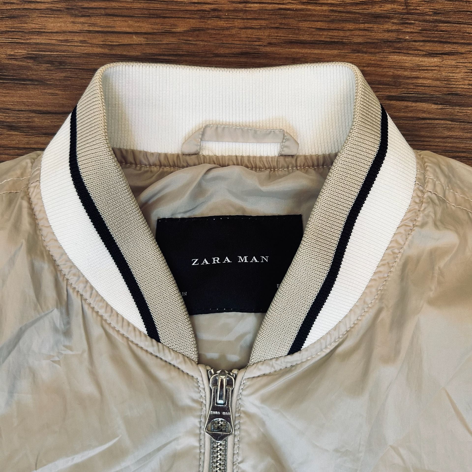 Zara Man Bomber Jacket Beige Lightweight Full Zip Size S 3