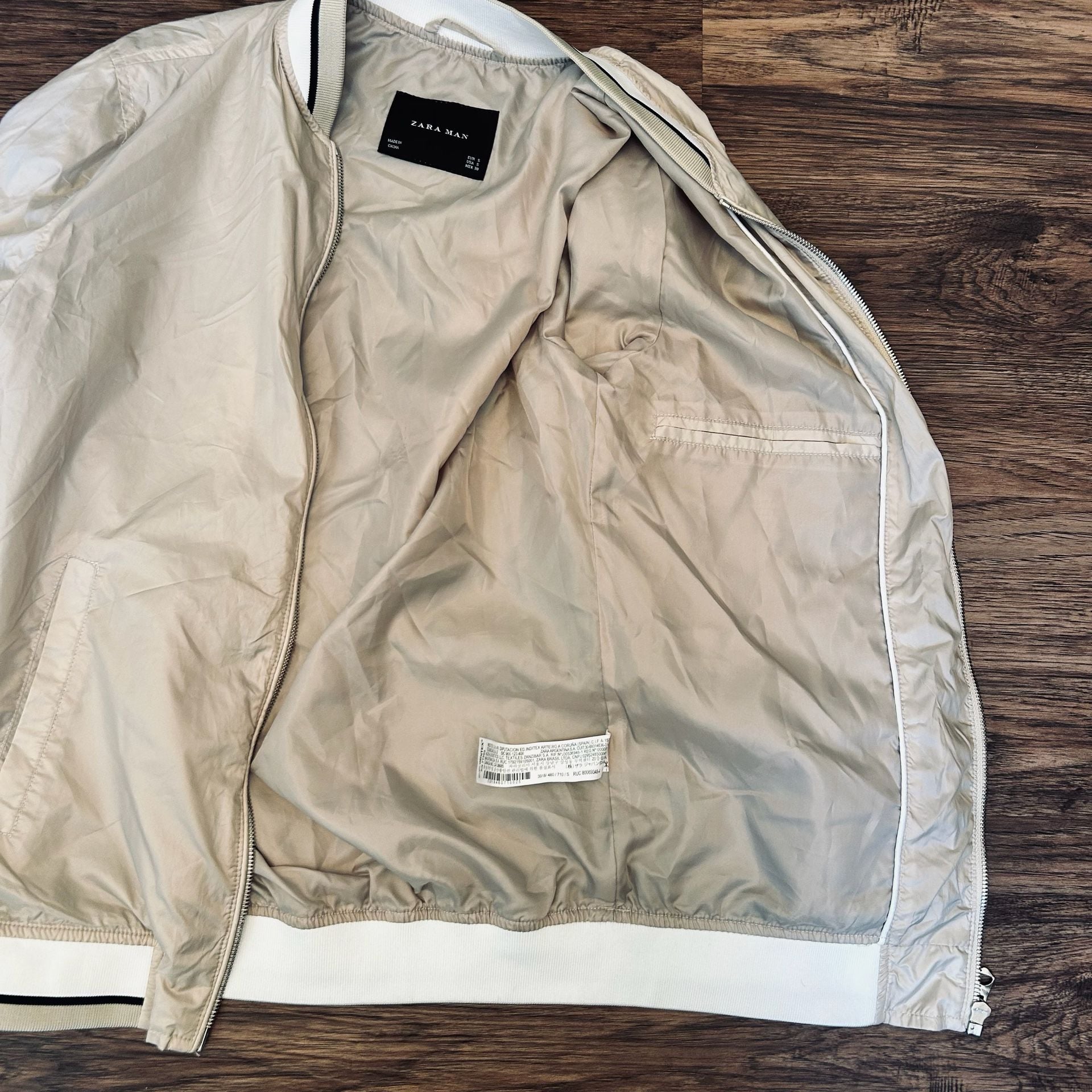 Zara Man Bomber Jacket Beige Lightweight Full Zip Size S 7