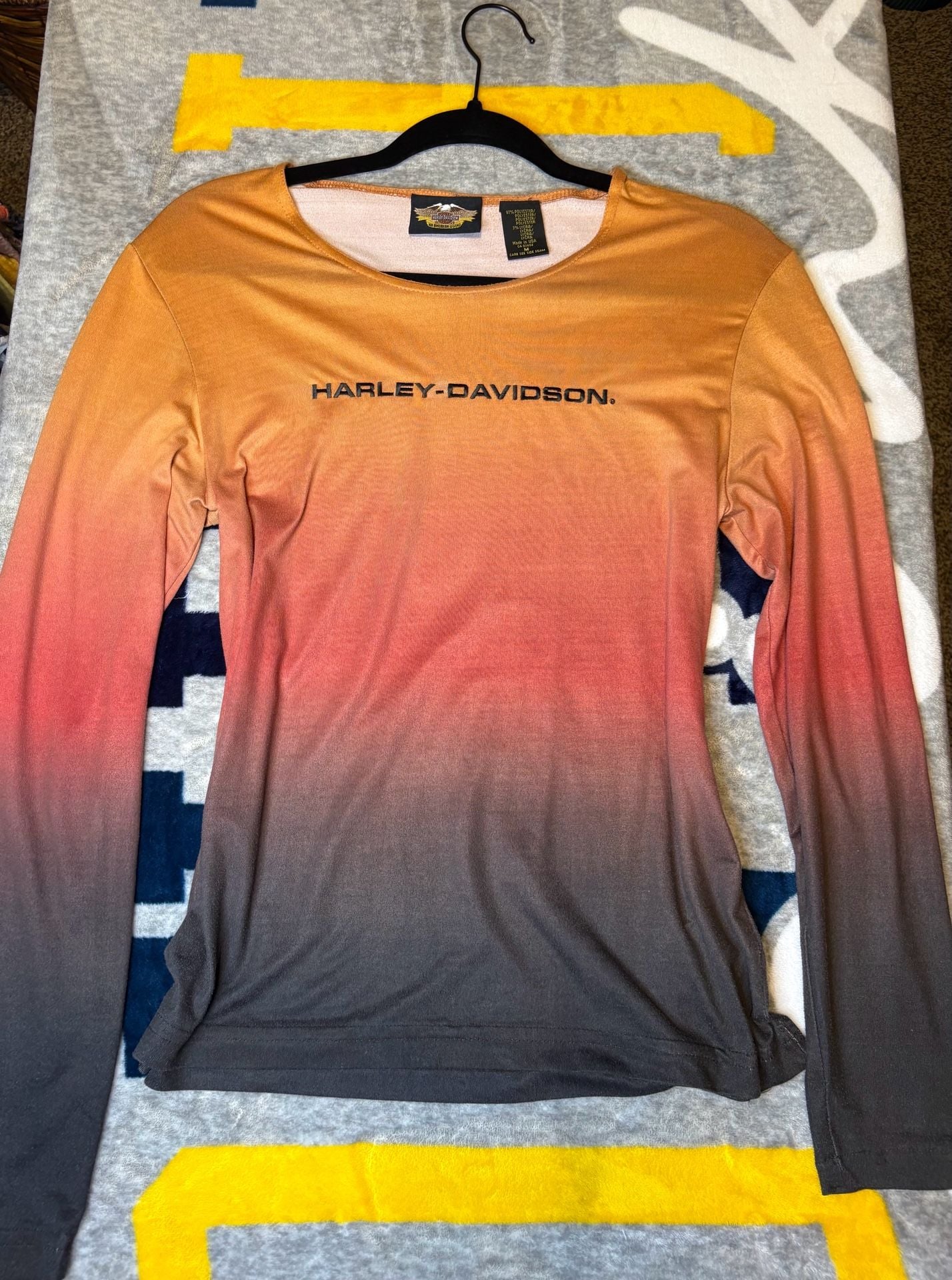 Y2K Harley Davidson Long Sleeve Ombre Shirt Size M Orange Gradient 2