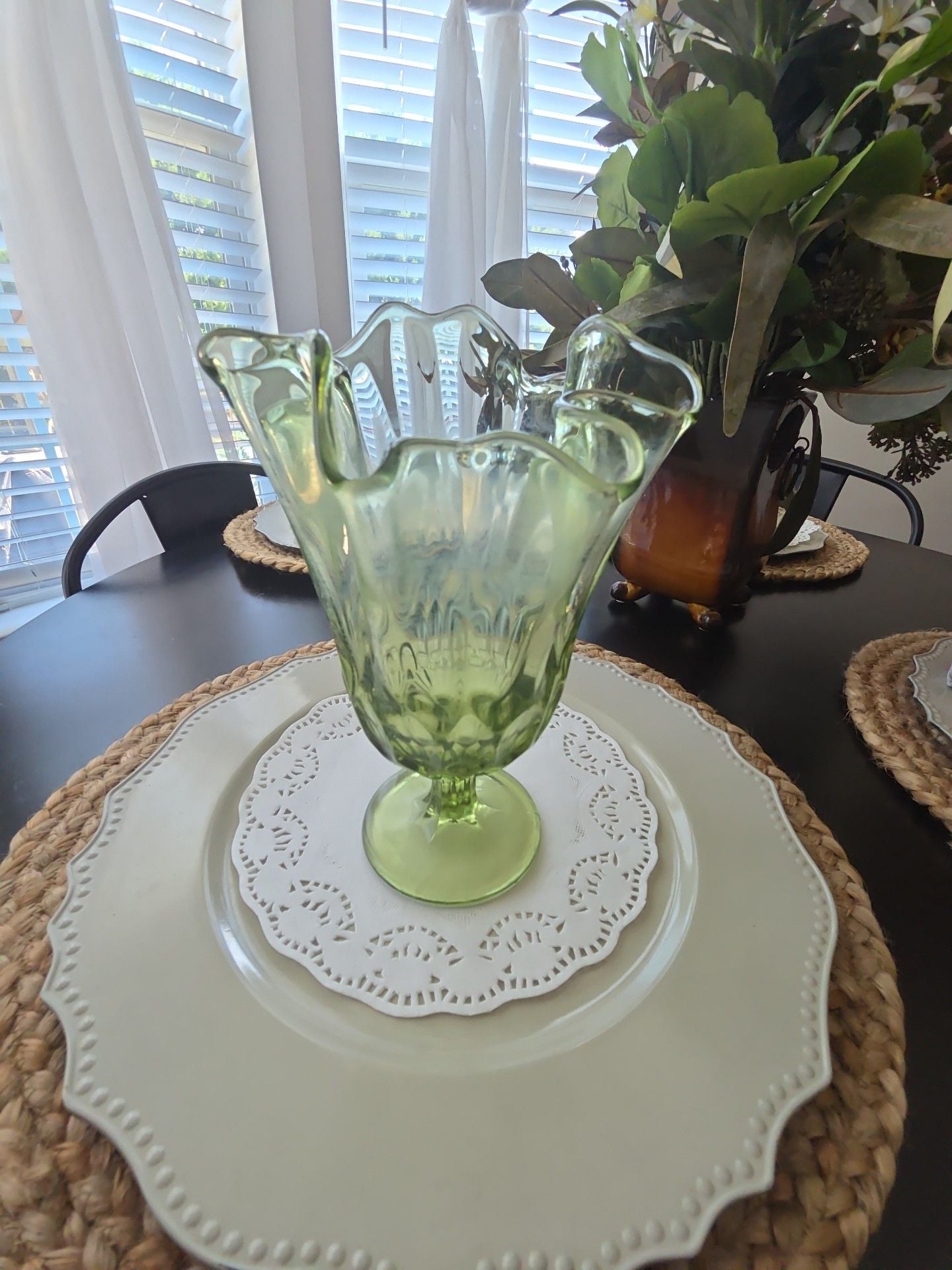 Vintage Green Vaseline Glass Footed Ruffled Vase 1