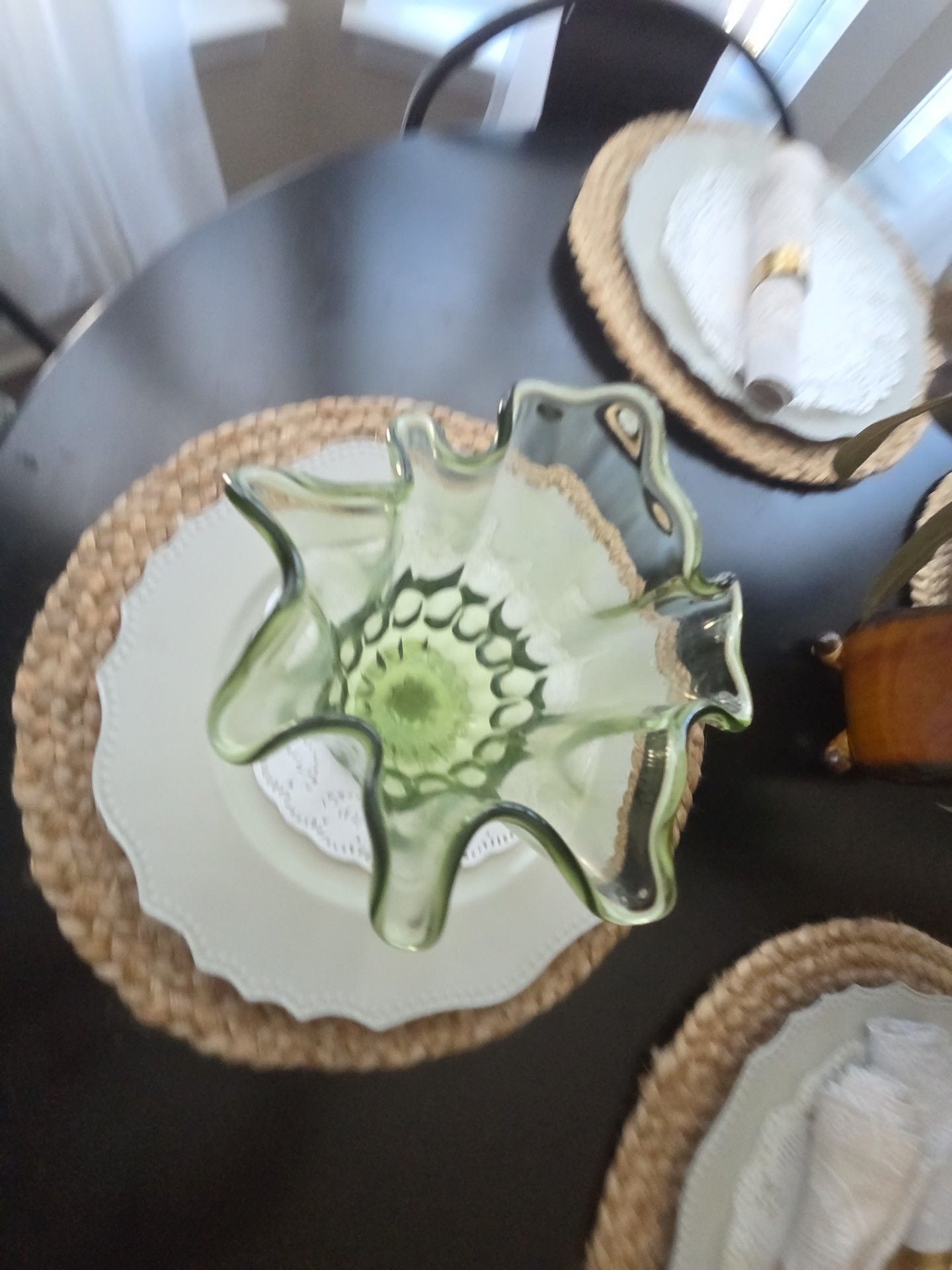 Vintage Green Vaseline Glass Footed Ruffled Vase 2