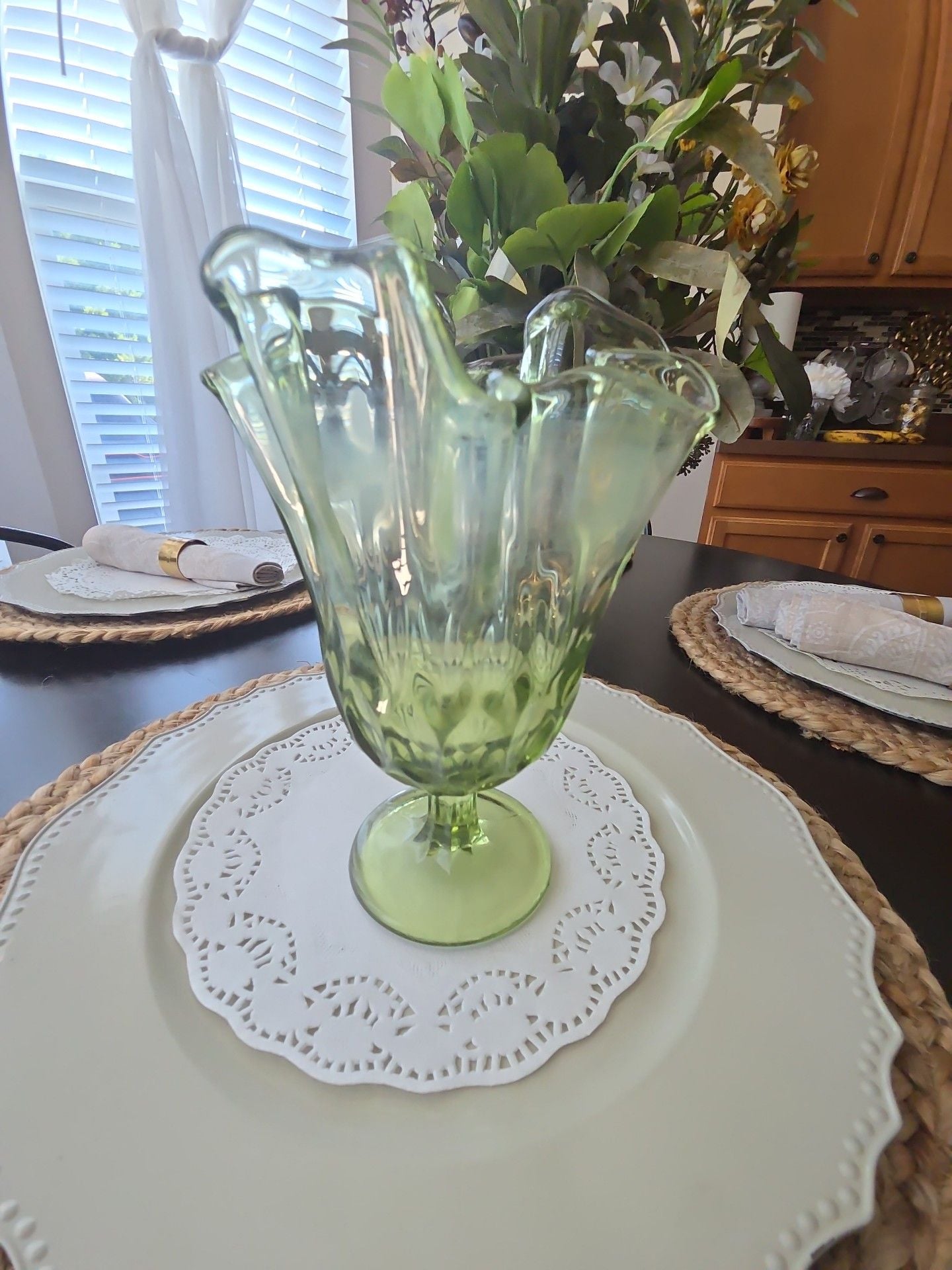 Vintage Green Vaseline Glass Footed Ruffled Vase 3
