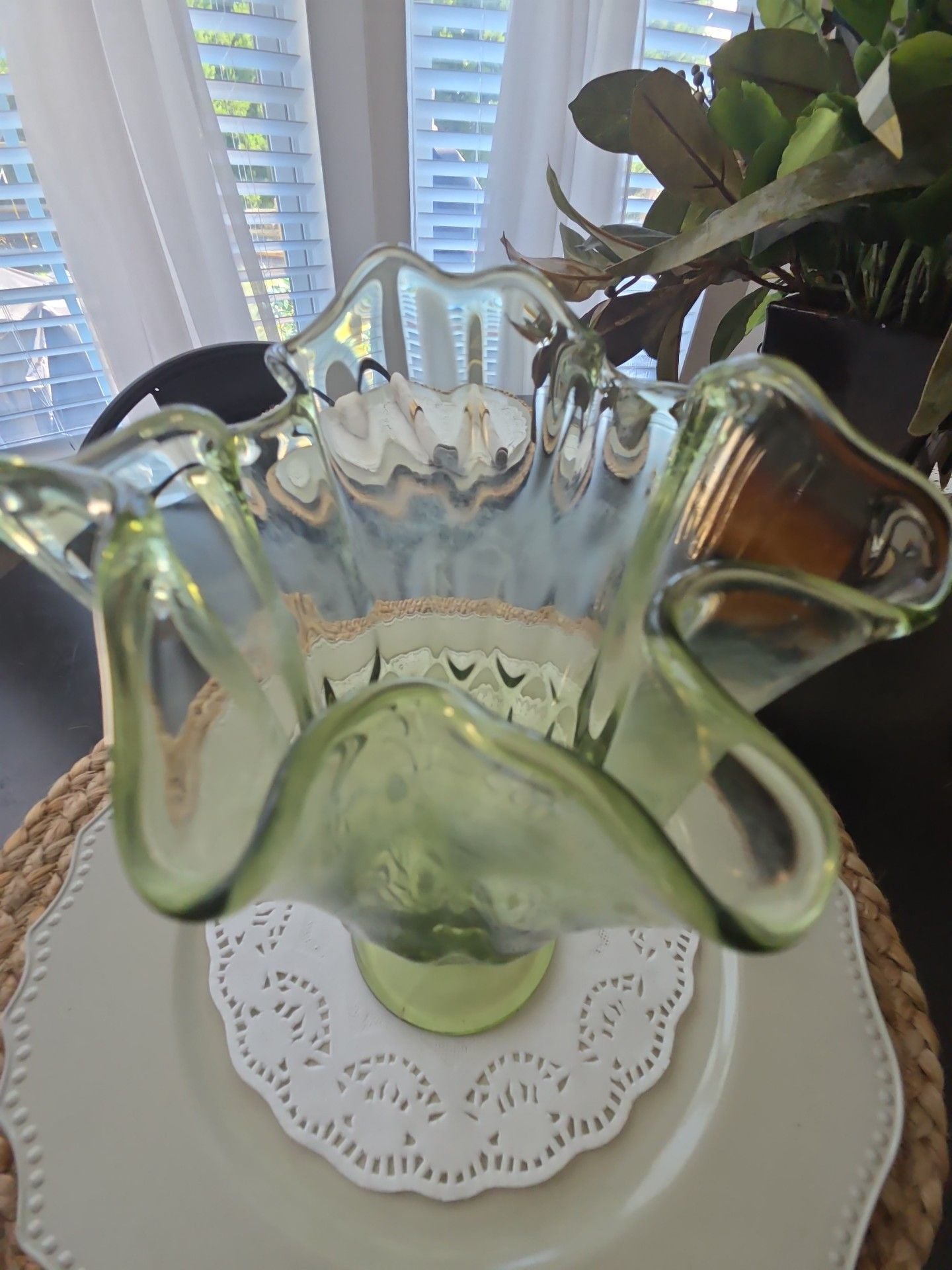 Vintage Green Vaseline Glass Footed Ruffled Vase 4